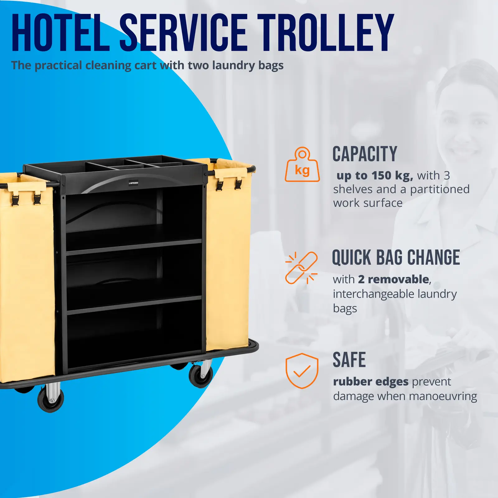 Chariot de service pour hôtel - 150 kg - 2 sacs à linge