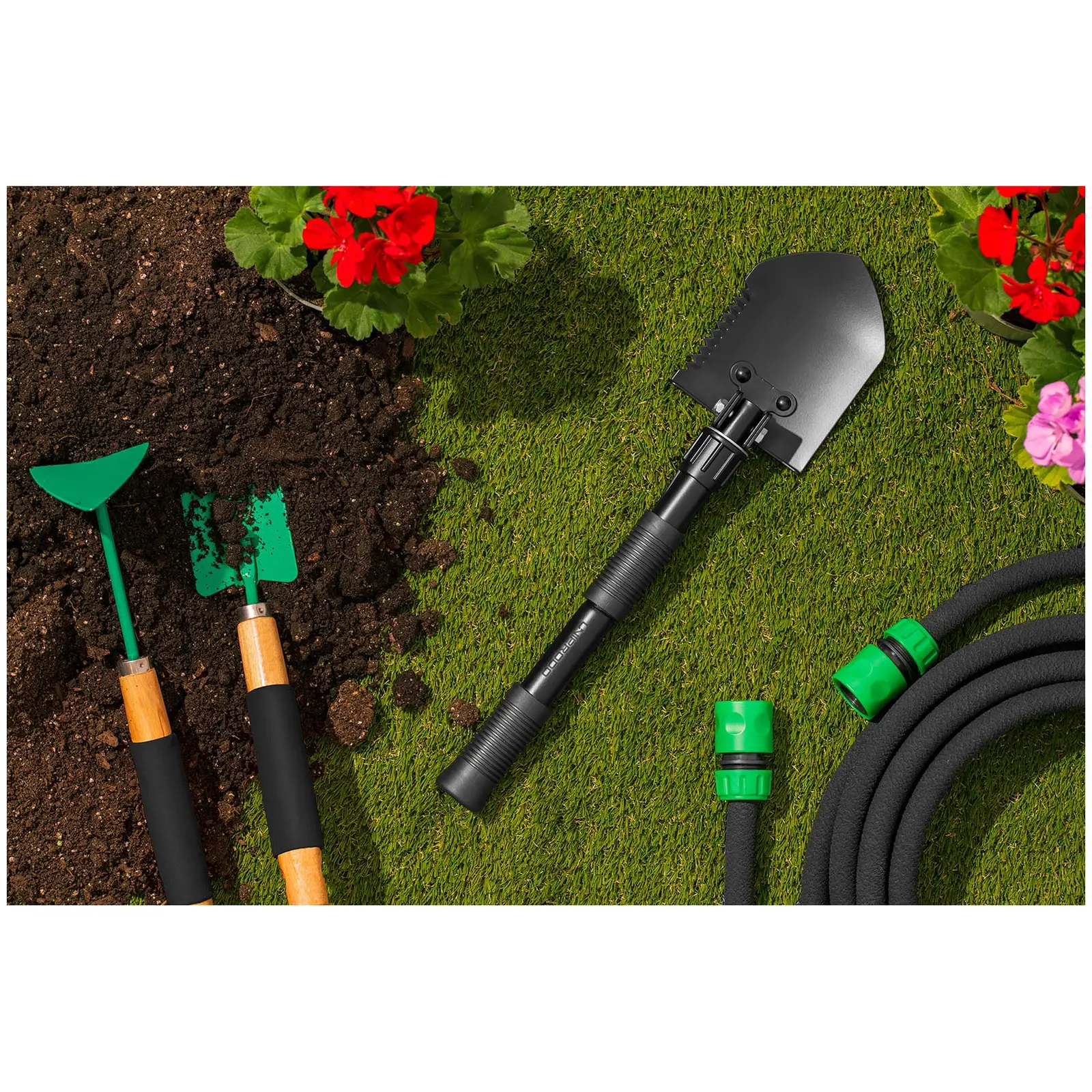 Összecsukható ásó - kapával és fűrésszel (Szín: Fekete)