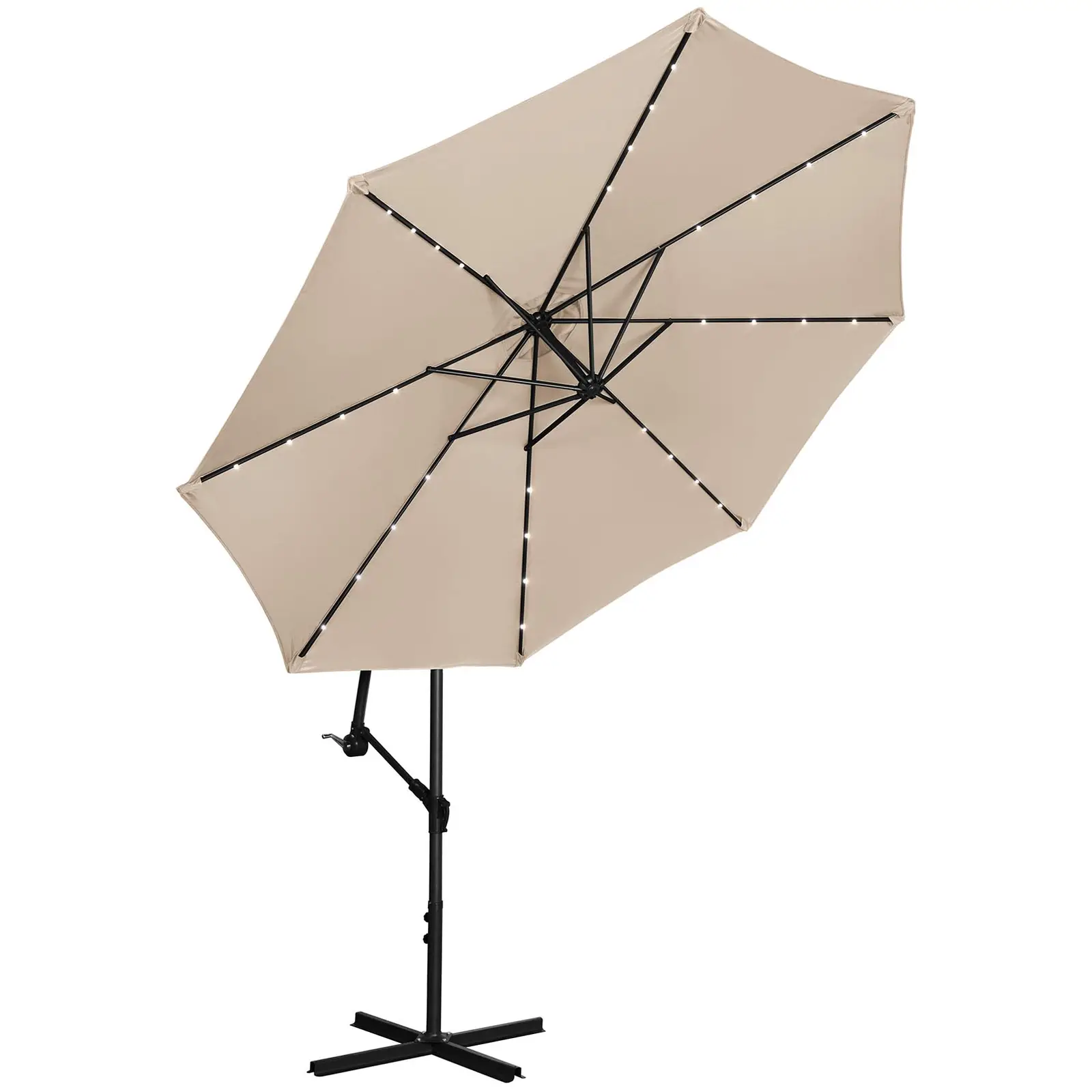 Градински чадър с LED - кремав - кръгъл - Ø 300 см - накланящ се