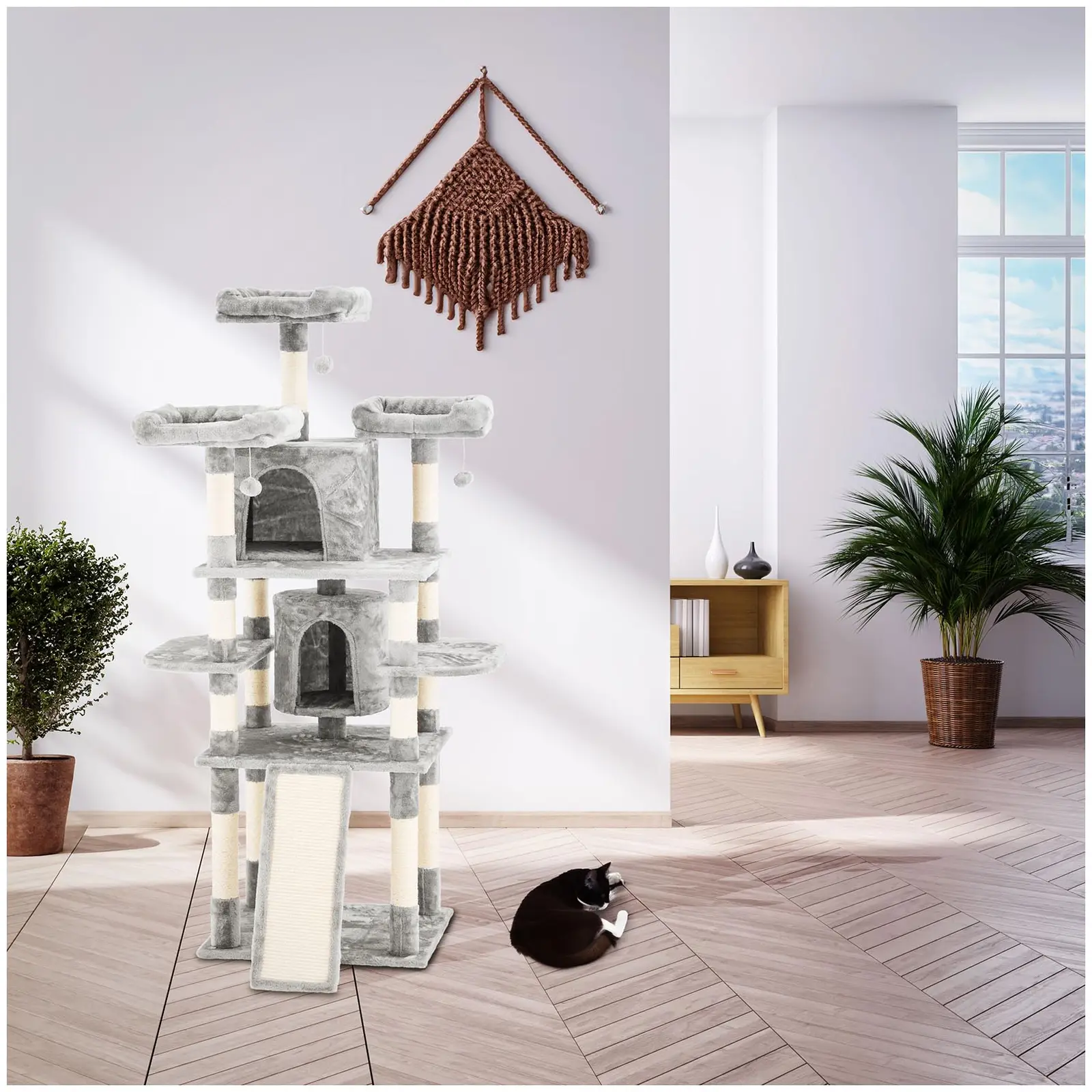 Tiragraffi per gatti - Grigio chiaro - Lettino e 3 palline inclusi - 60 x 55 x 172 cm