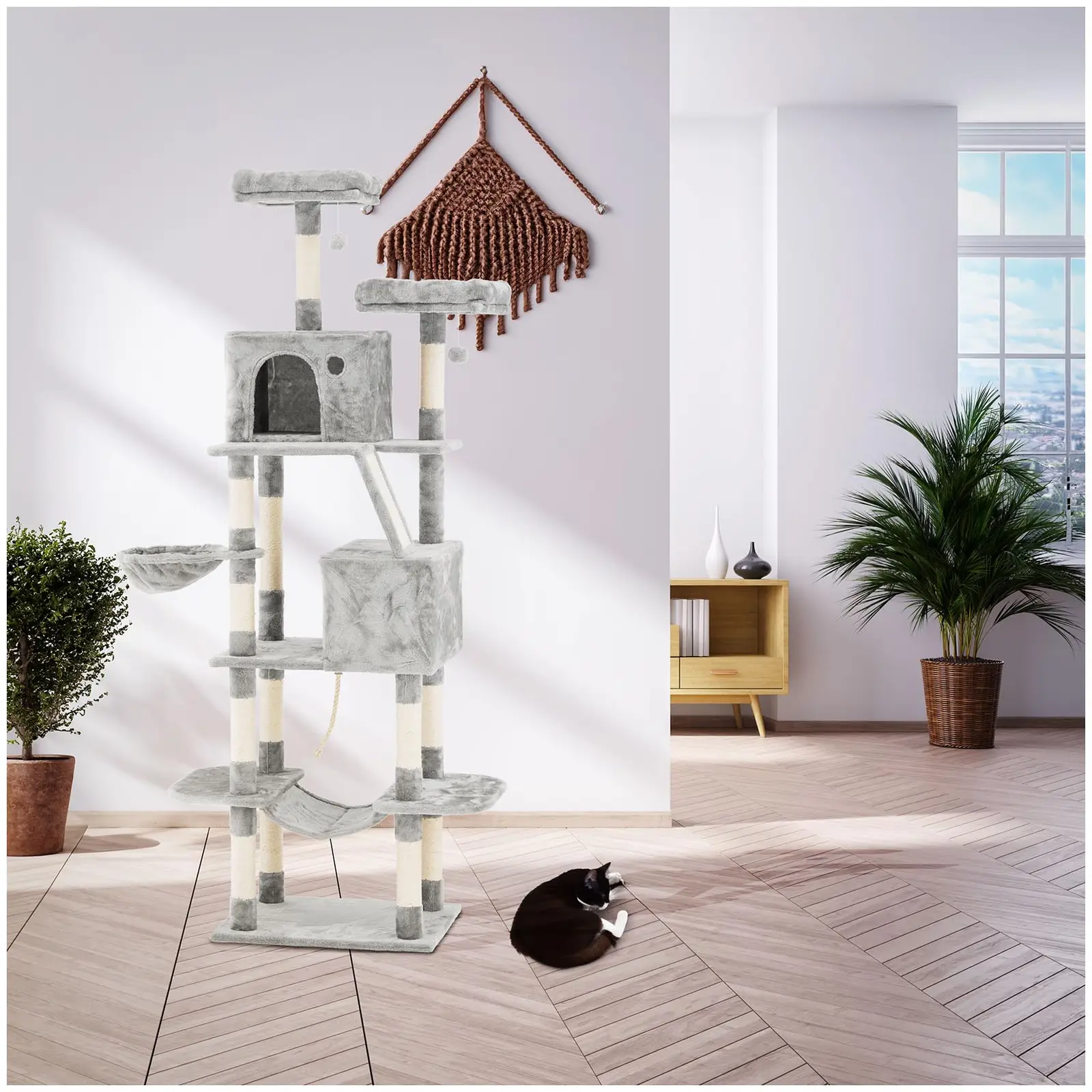 Kissan raapimispuu - vaaleanharmaa - sis. 2 palloa ja riippumaton - 60 x 50 x 206 cm