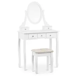 Sminkbord med oval spegel och pall - 5 lådor - Vitt