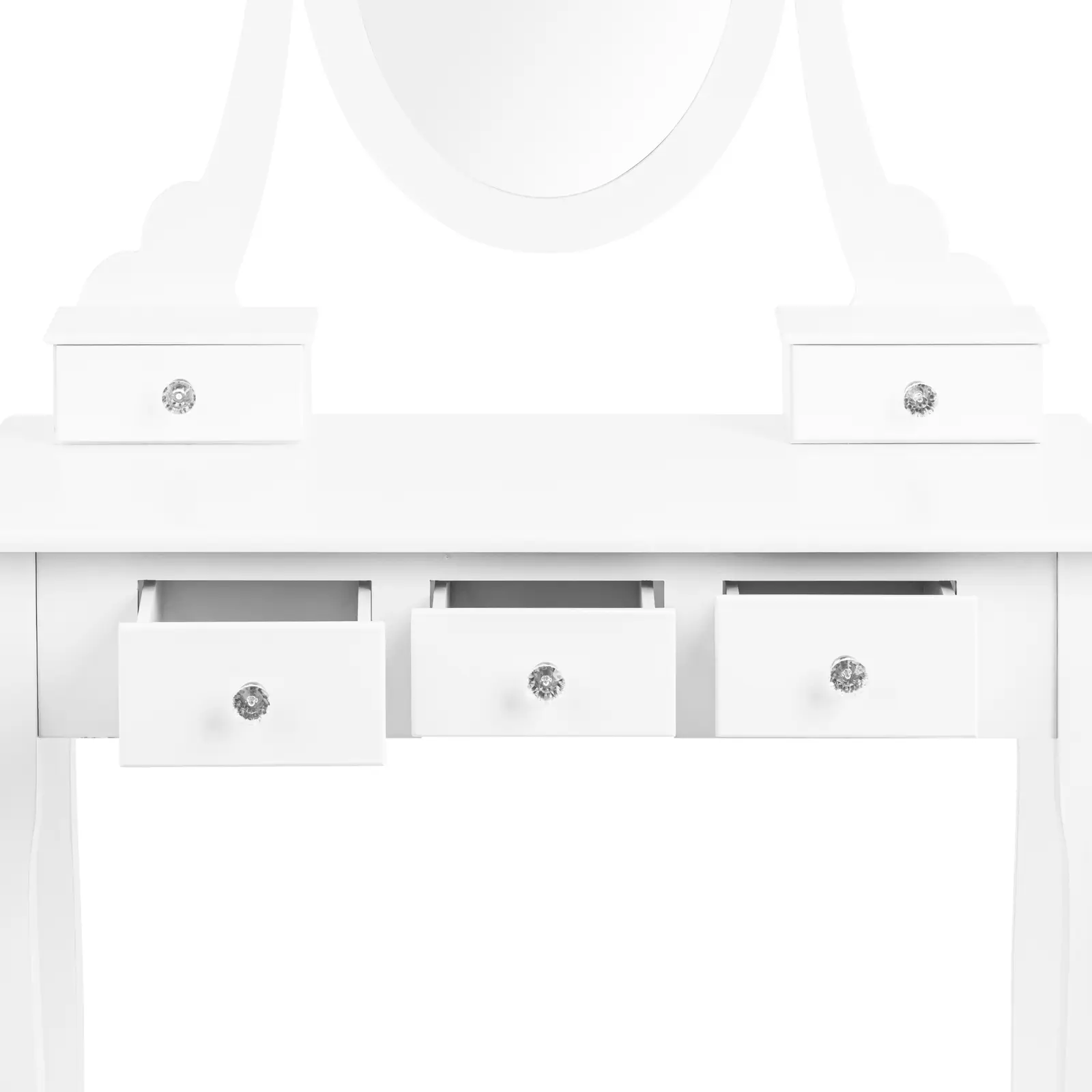 Toaletna mizica z ovalnim ogledalom in stolčkom - 5 predalov - bela