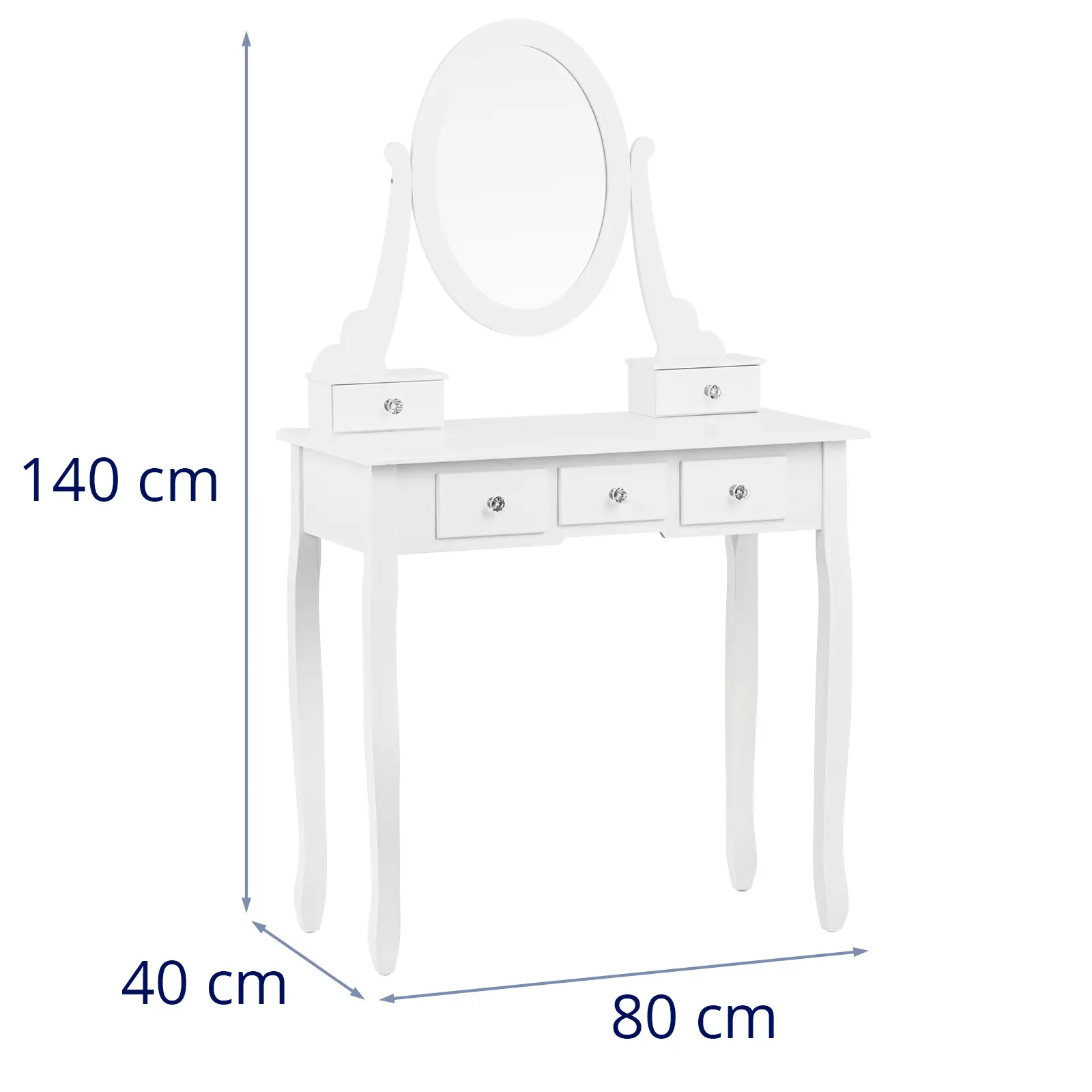 Meikkipöytä ovaalilla peilillä ja jakkaralla - 5 vetolaatikkoa - valkoinen