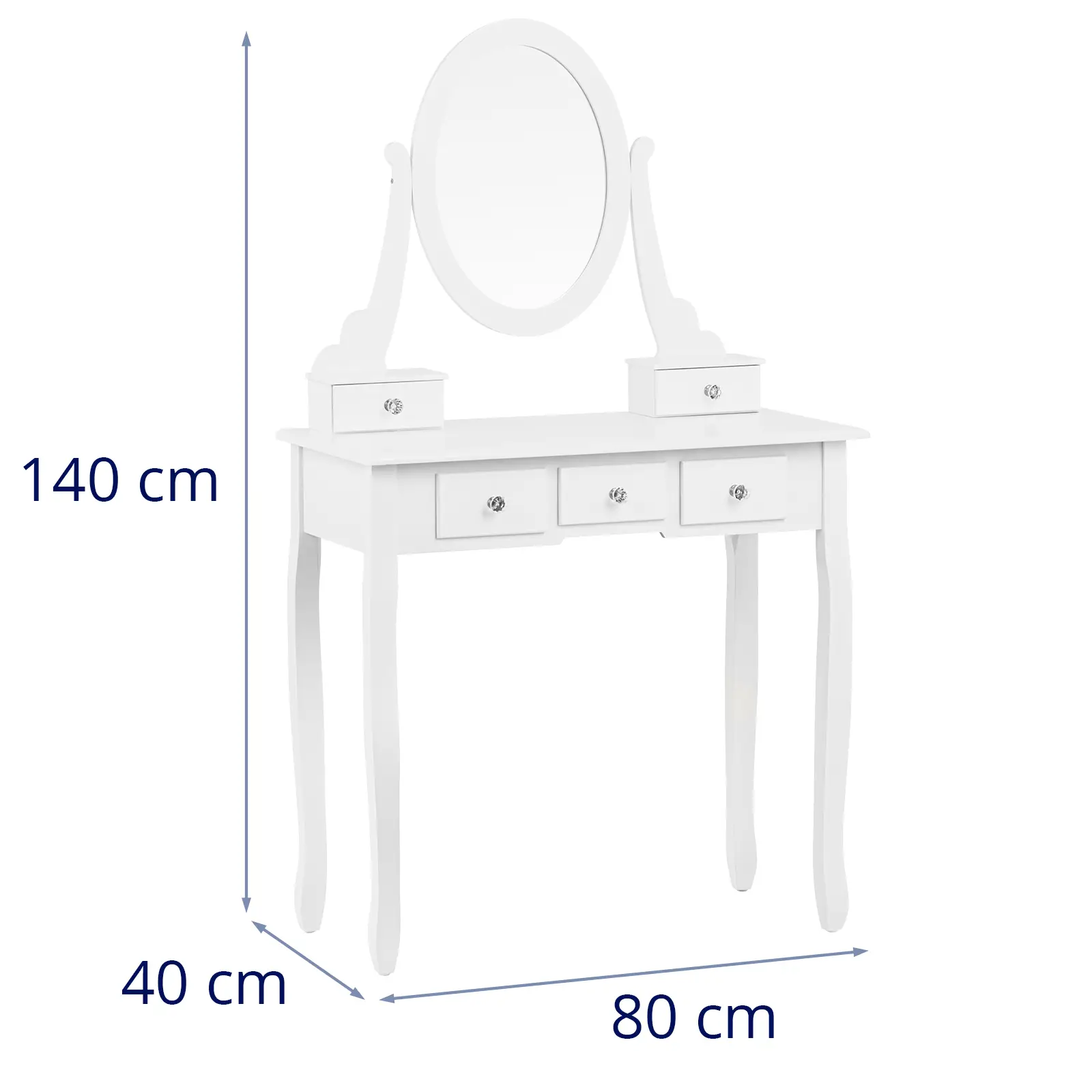Sminkebord med ovalt speil og krakk - 5 skuffer - hvit