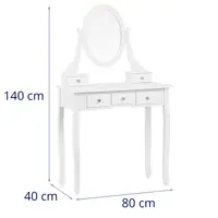 Fésülködő asztal ovális tükörrel és zsámollyal - 5 fiókkal - fehér színben