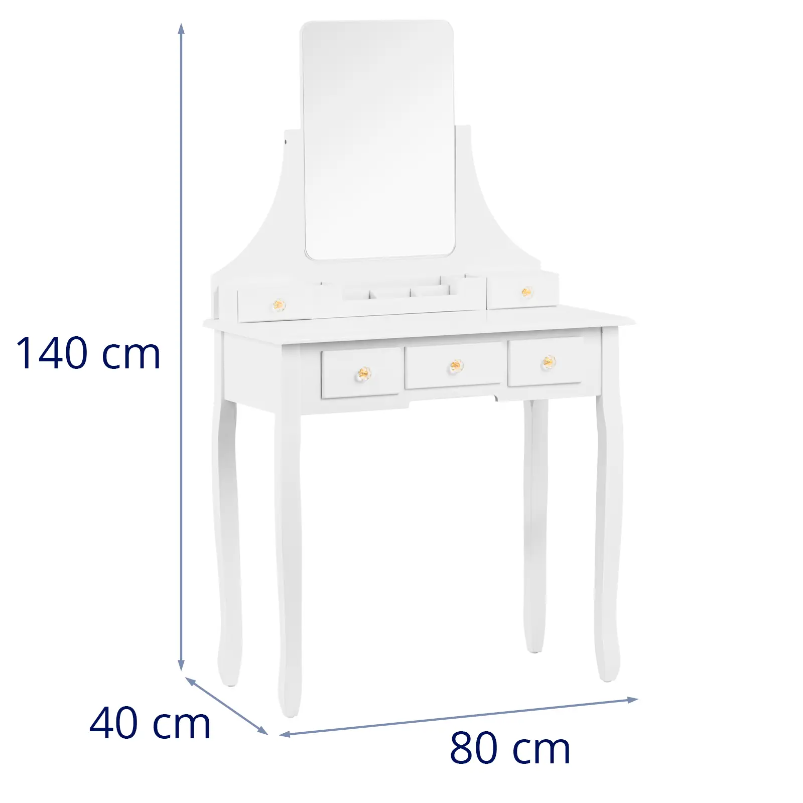Schminktisch mit rechteckigem Spiegel und Hocker - 5 Schubladen - weiß (Maße Tischplatte [mm]: 400 x 800)