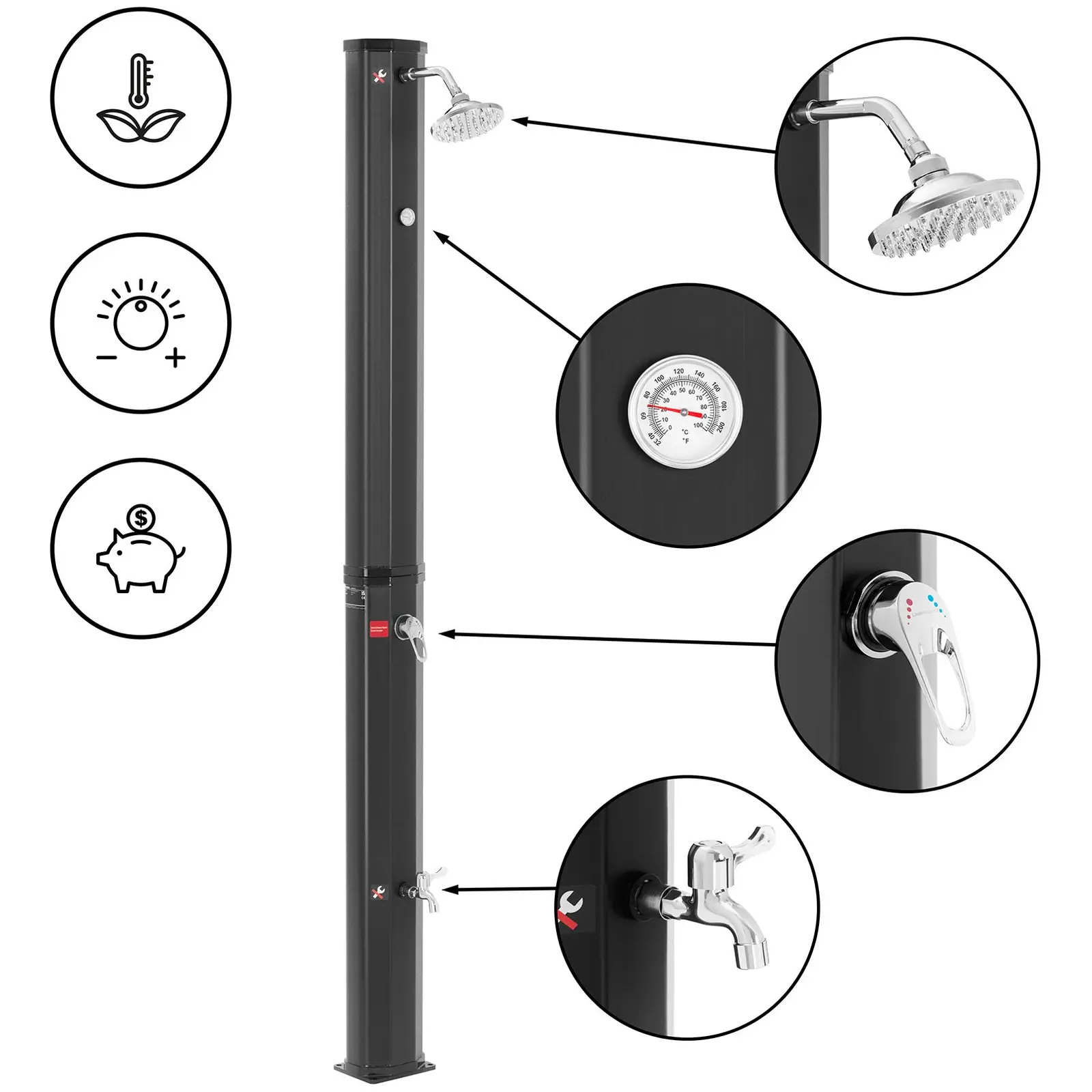 Douche solaire - réservoir 35 l - avec douche à effet pluie, robinet, thermomètre