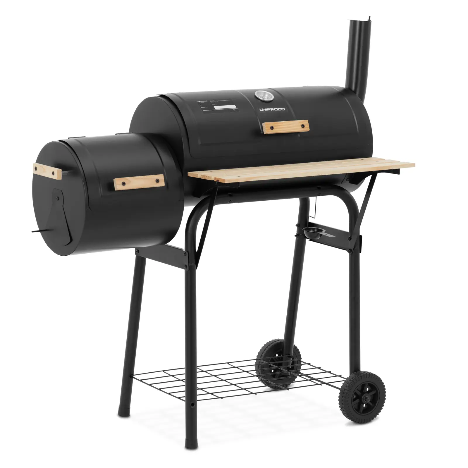 Grătar cu cărbune și afumătoare BBQ - fier / lemn - 2 camere - 2 rafturi