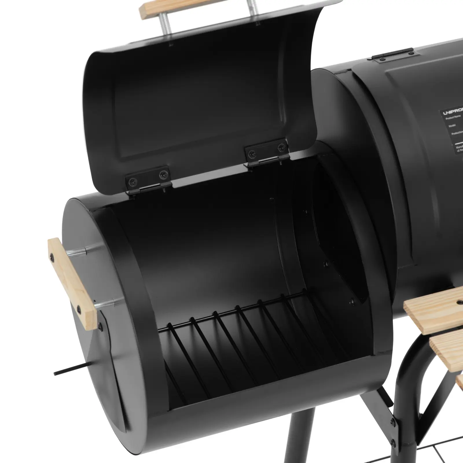 Грил на дървени въглища с пушач BBQ - желязо / дърво - 2 камери - 2 рафта - Royal Catering