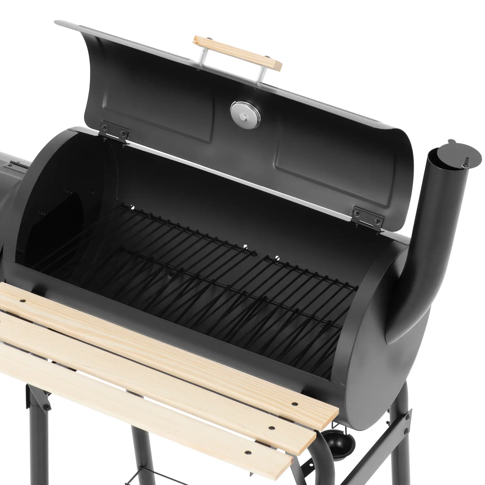 Grătar cu cărbune și afumătoare BBQ - fier / lemn - 2 camere - 2 rafturi