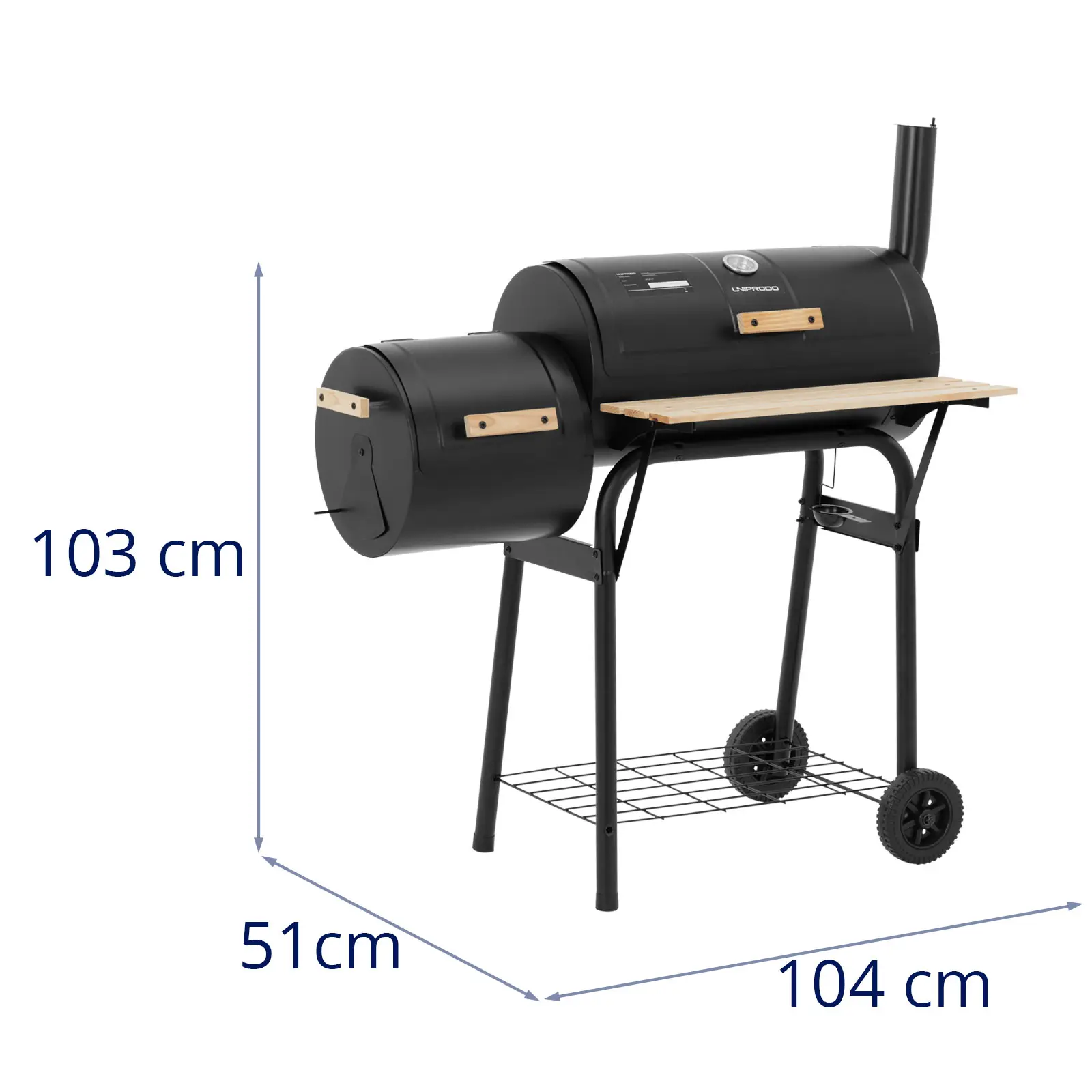 Grătar cu cărbune și afumătoare BBQ - fier / lemn - 2 camere - 2 rafturi