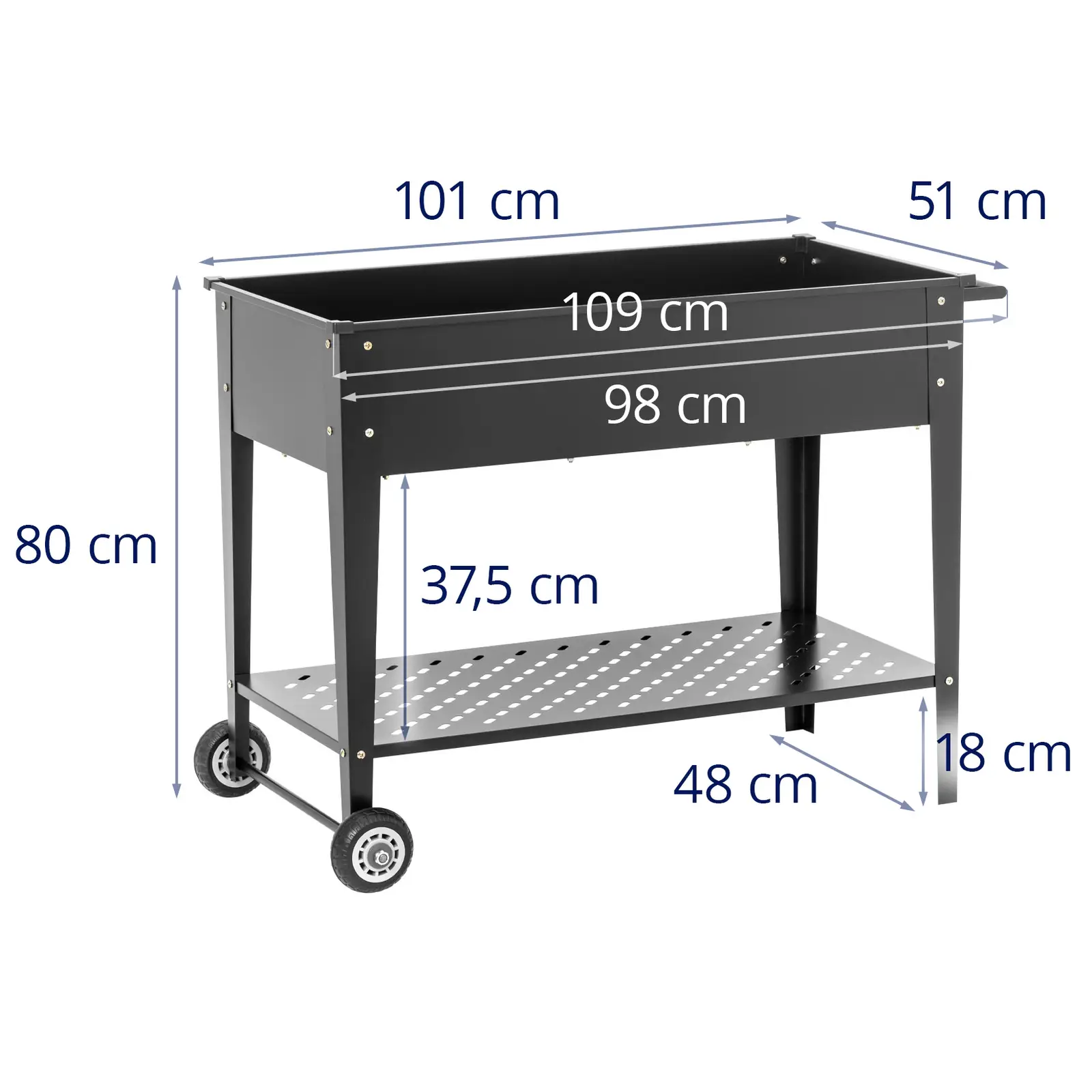 Metal Raised Garden Bed - with wheels and shelf - steel (galvanised)