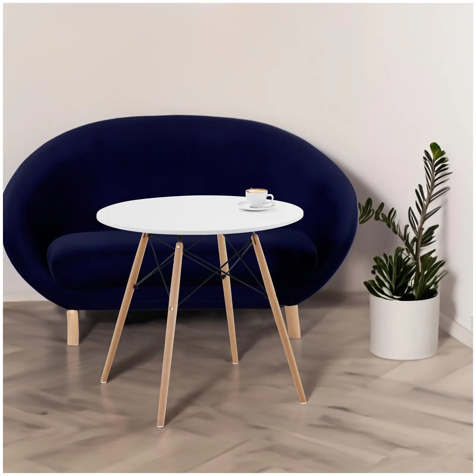 Stůl - kulatý - Ø 80 cm - bílý - černé ocelové výztuhy (Materiál: MDF)