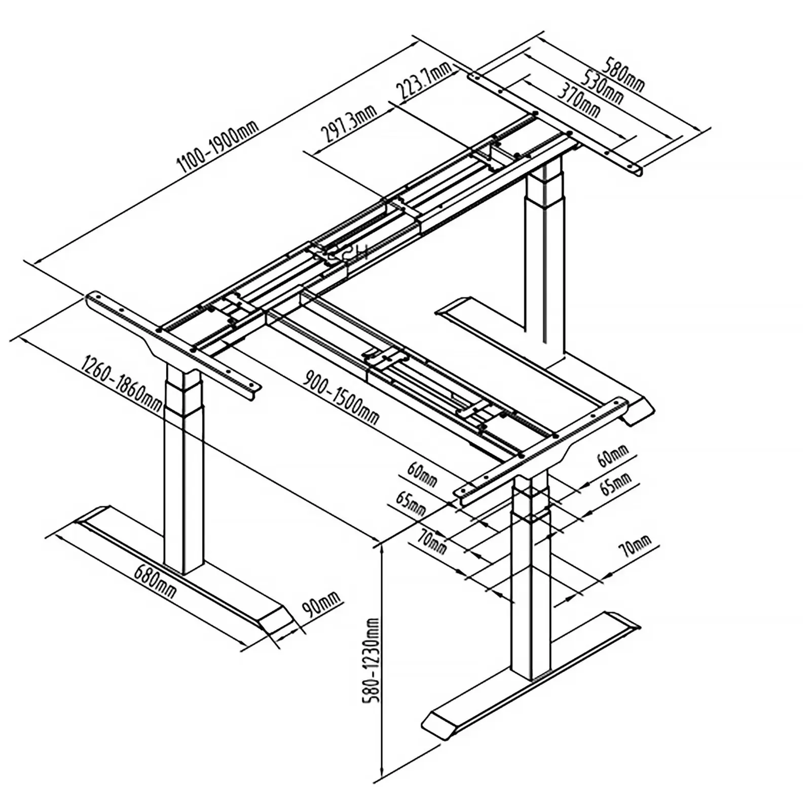 Bureau d'angle assis-debout (piètement) - Hauteur : 58 - 123 cm - Largeur : 90 - 150 cm (gauche) / 110 - 190 cm (droite) - Angle : 90° - 150 kg (Type de contrôle: Affichage LED)