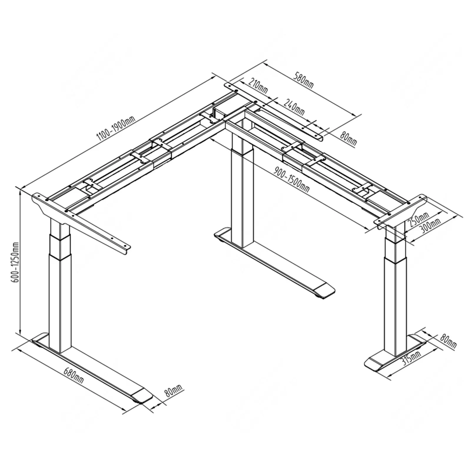 Höhenverstellbares Eckschreibtischgestell - Höhe: 60-125 cm - Breite: 110-190 cm  / 90-150 cm