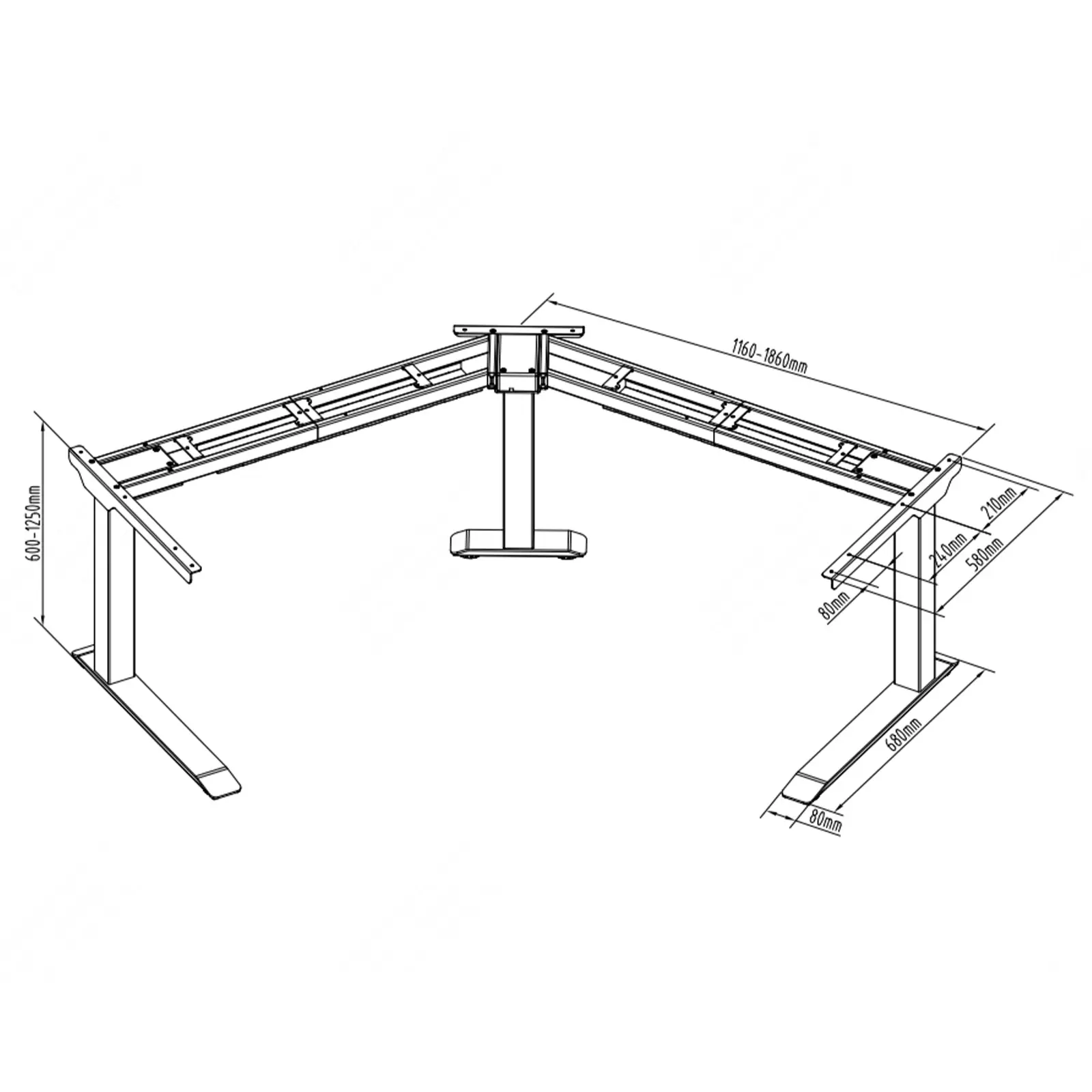 B-zboží Rohový rám stolu - výška: 60–125 cm - šířka vlevo / vpravo: 116–186 cm - úhel: 120 ° - 150 kg (Způsob ovládání: LED displej)
