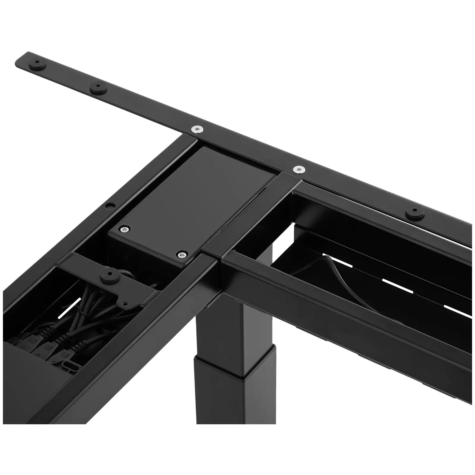 Bureau d'angle assis-debout (piètement) - Hauteur : 69 - 118 cm - Largeur : 90 - 150 cm (gauche) / 110 - 190 cm (droite) - Angle : 90° - 150 kg (Protection contre la surchauffe: Oui)