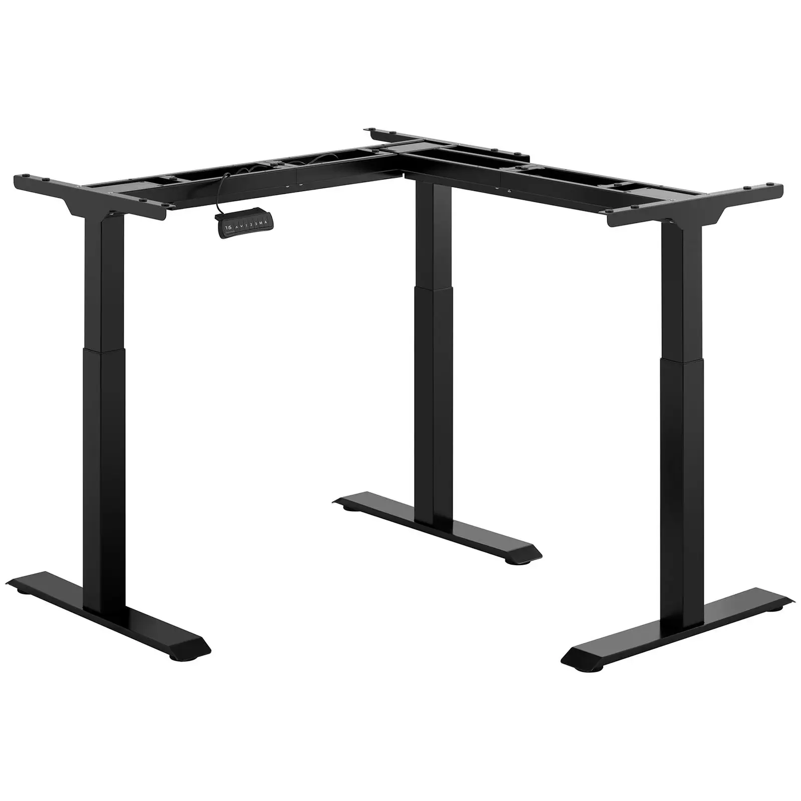 Bureau d'angle assis-debout (piètement) - Hauteur : 69 - 118 cm - Largeur : 90 - 150 cm (gauche) / 110 - 190 cm (droite) - Angle : 90° - 150 kg (Type de contrôle: Affichage LED)
