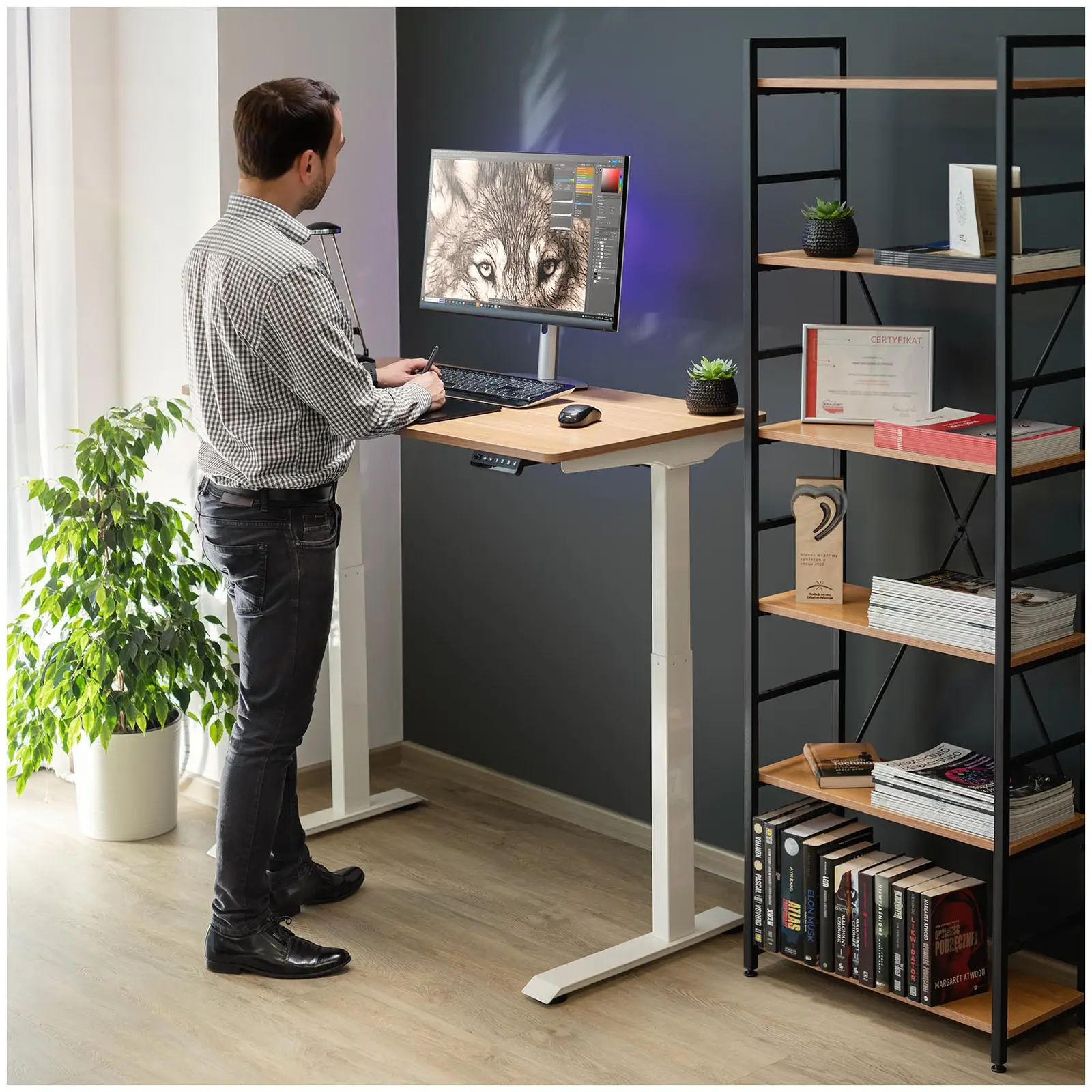 Biurko z regulacją wysokości - 90 W - 730-1233 mm - biało-brązowe (Kolor: Biały)