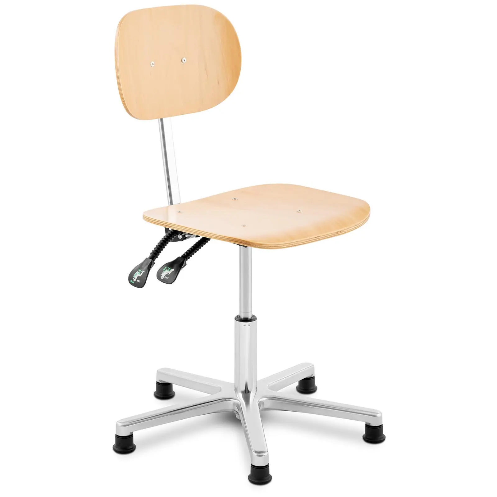 Krzesło do warsztatu - 120 kg - drewno, chromowane elementy - wysokość 362 - 498 mm