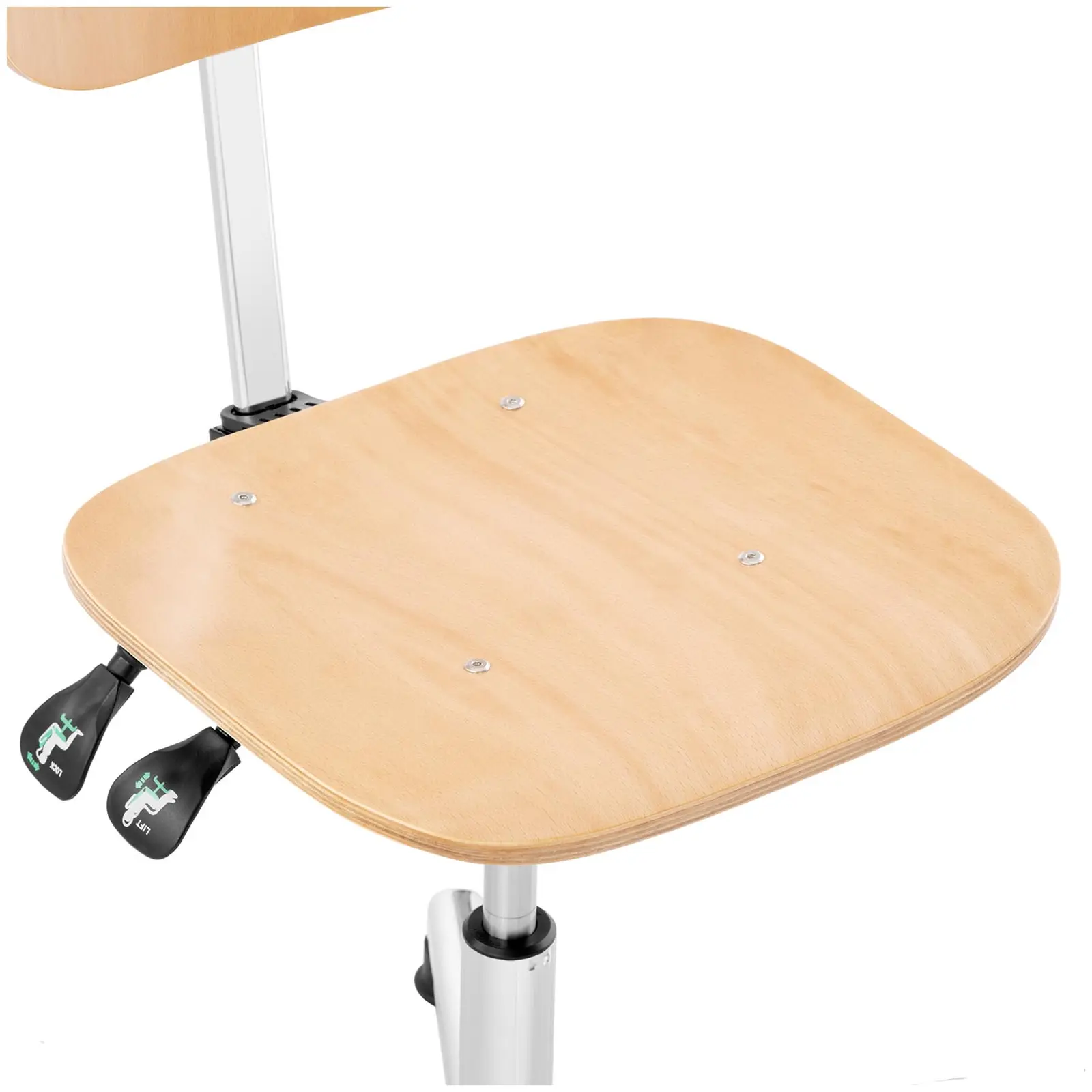 Dílenská židle - 120 kg - chrom, dřevo - výška nastavitelná mezi 362–498 mm