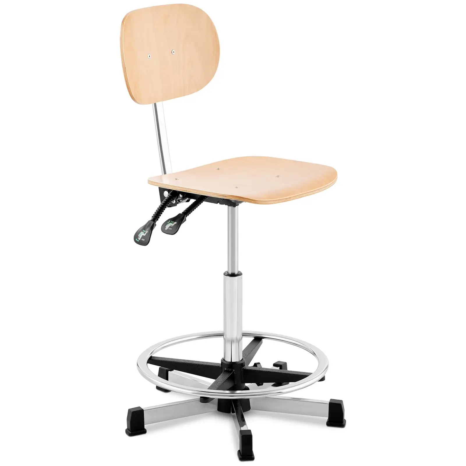 Dirbtuvių kėdė - 120 kg - chromas, medis - žiedo formos kojų atrama - reguliuojamas aukštis 550-800 mm