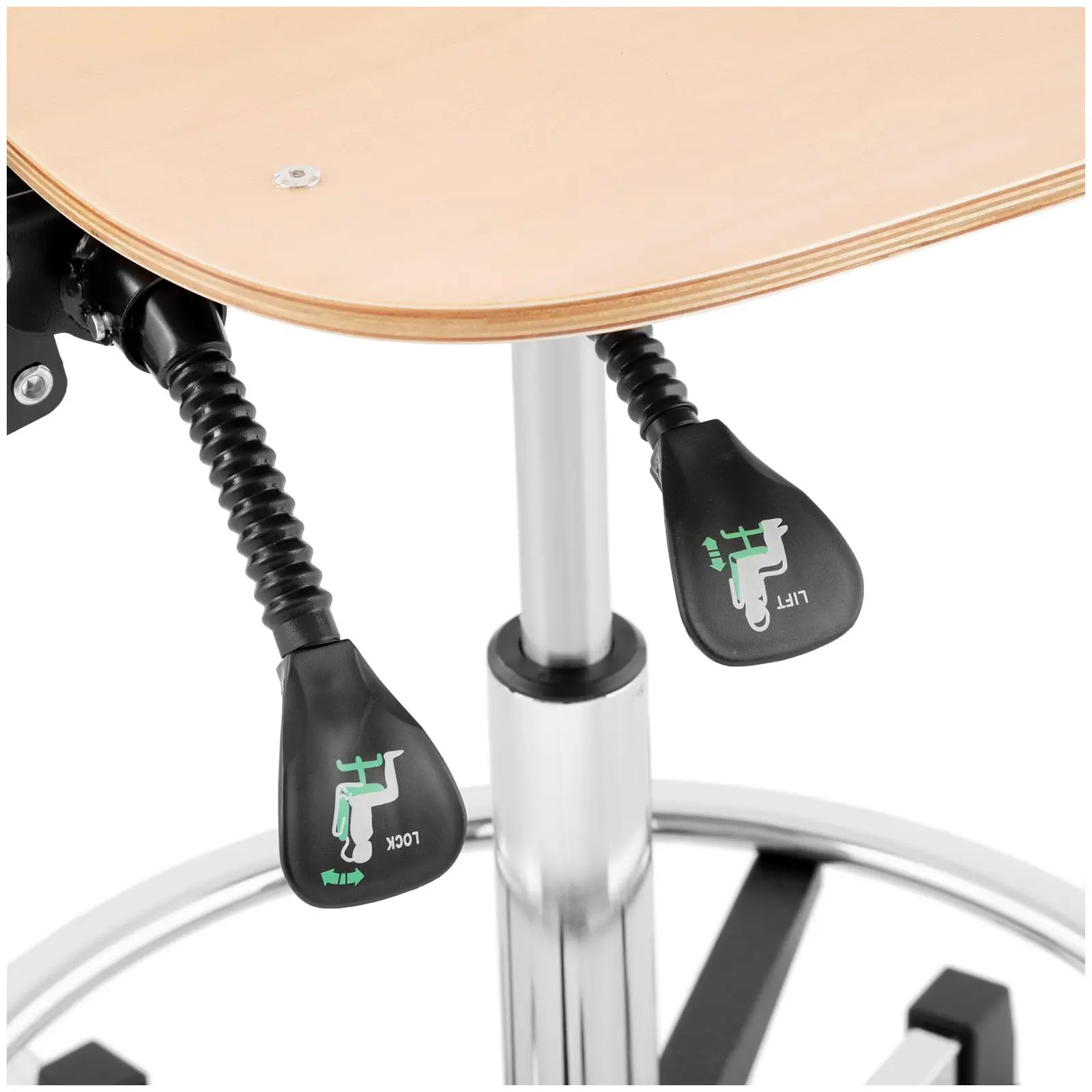Cadeira de oficina - 120 kg - madeira, elementos cromados - apoio para os pés - altura 550 - 800 mm