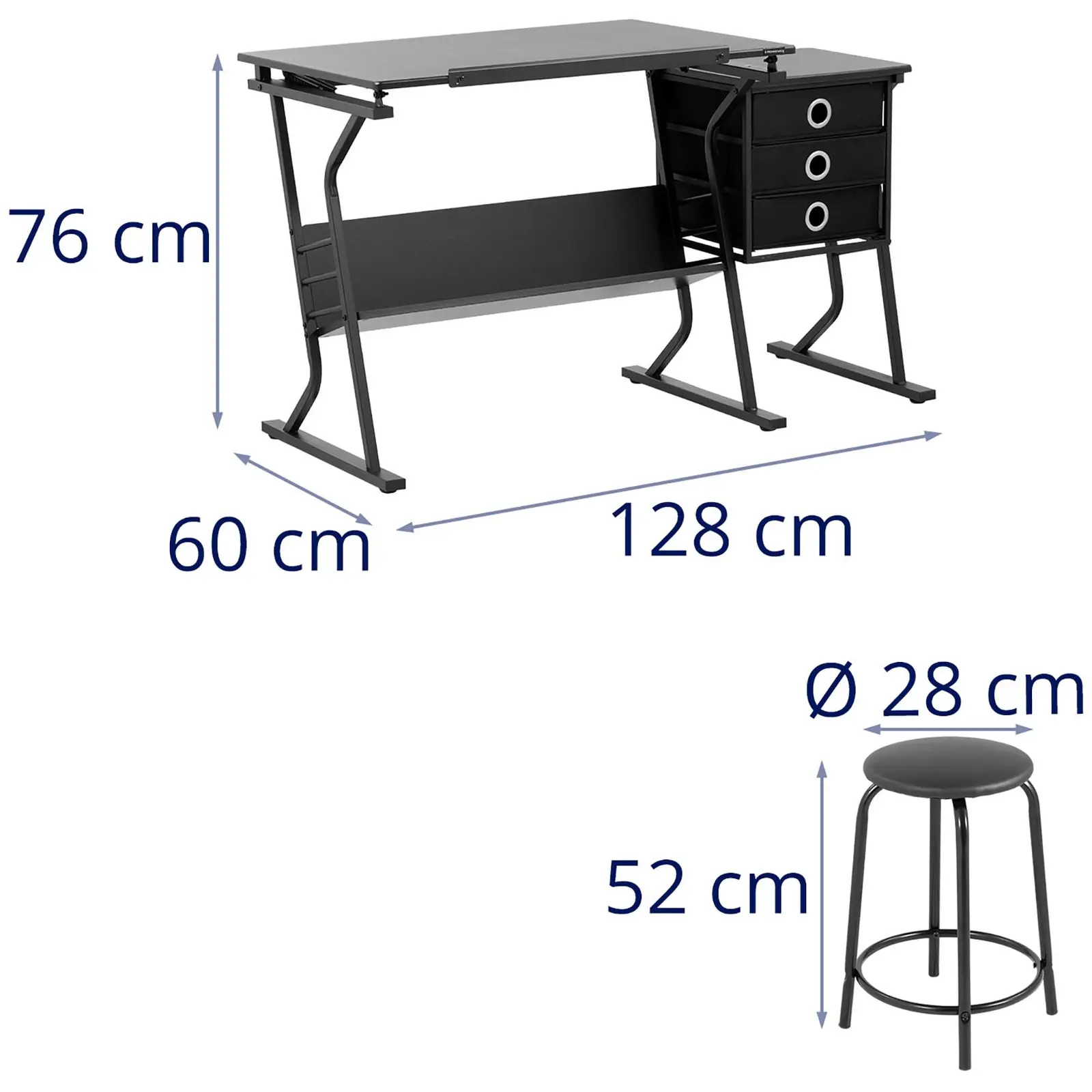 Table à dessin inclinable - 90 x 60 cm - Avec tabouret et table latérale (Couleur(s): Noir)