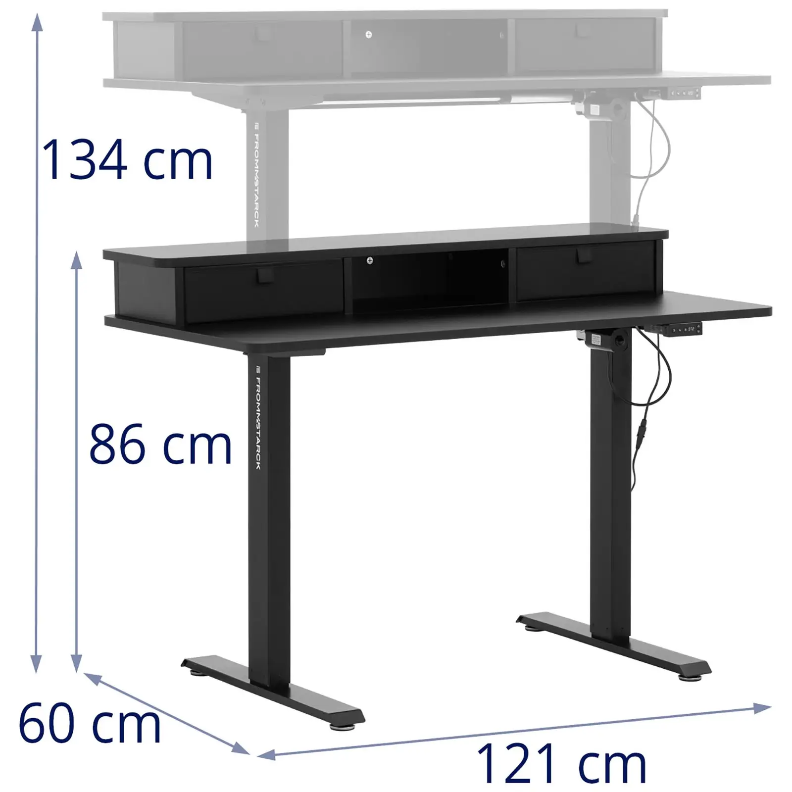 Hæve-sænke-skrivebord med opsats - 720 - 1200 mm - 80 kg - sort
