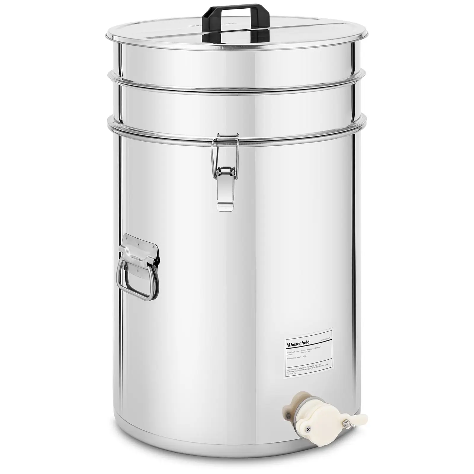 Maturatore per miele - 50 L - Con setaccio, coperchio e rubinetto di imbottigliamento - Acciaio inox