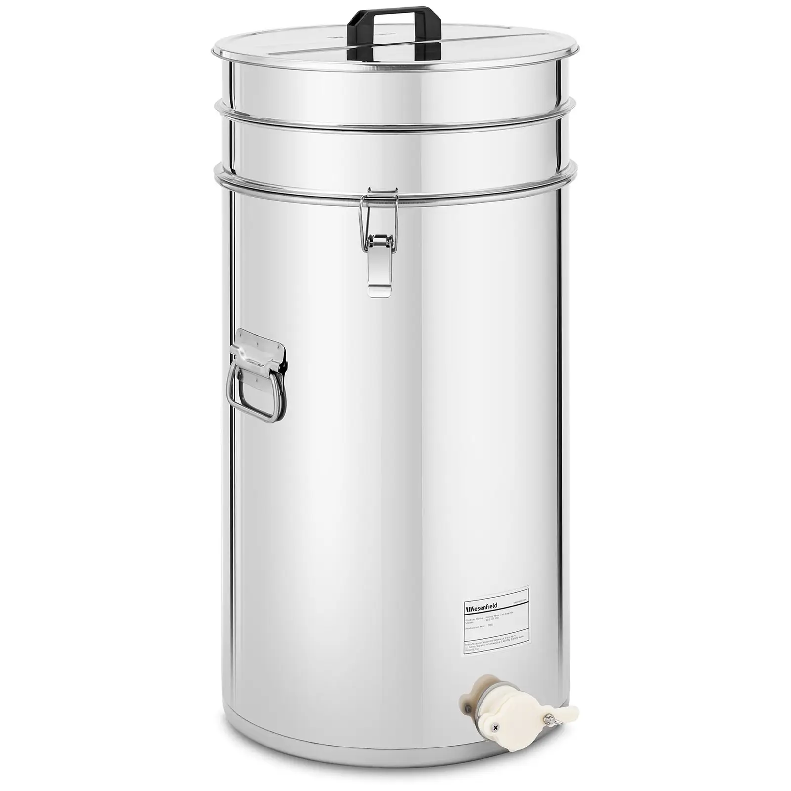 Maturatore per miele - 70 L - Con setaccio, coperchio e rubinetto di imbottigliamento - Acciaio inox