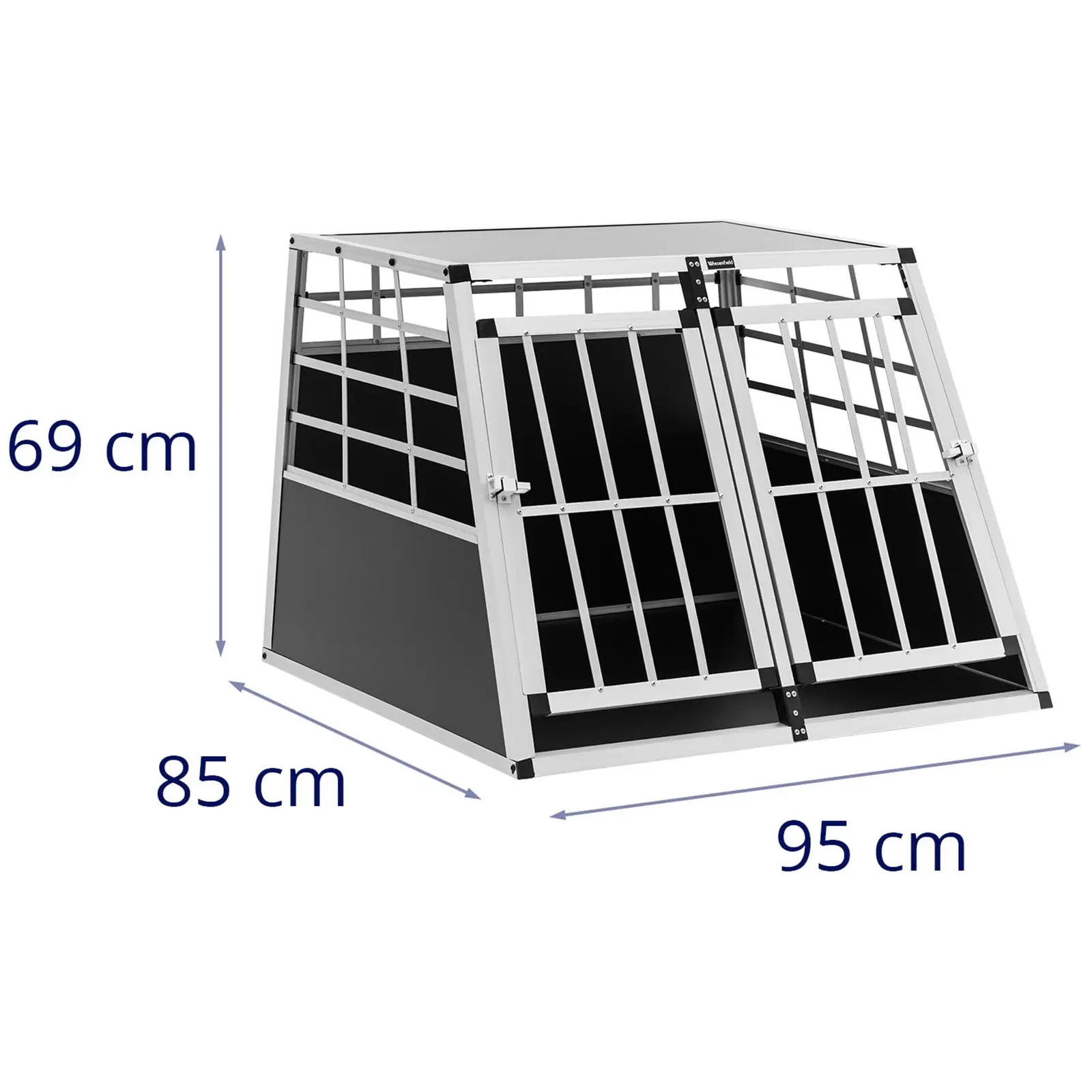 Přepravní box pro psa - hliník - sešikmený tvar - 85 x 95 x 69 cm (Rozměry podlahové desky [mm]: 950 x 850)