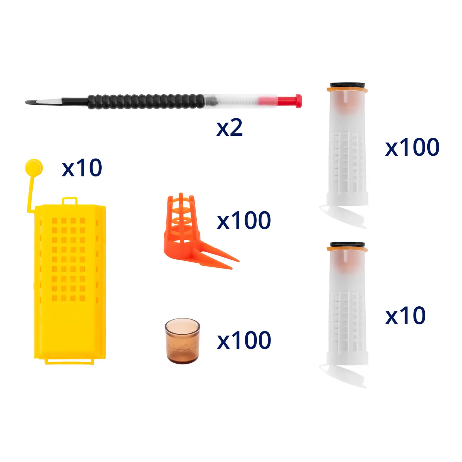 Kit apícola - 322 artigos - isoladores de rainhas - colheres de chá para traduzir larvas de abelhas - taças para rainhas - gaiolas para rainhas (Dimensões (CxLxA): 25 x 44 x 20 cm)
