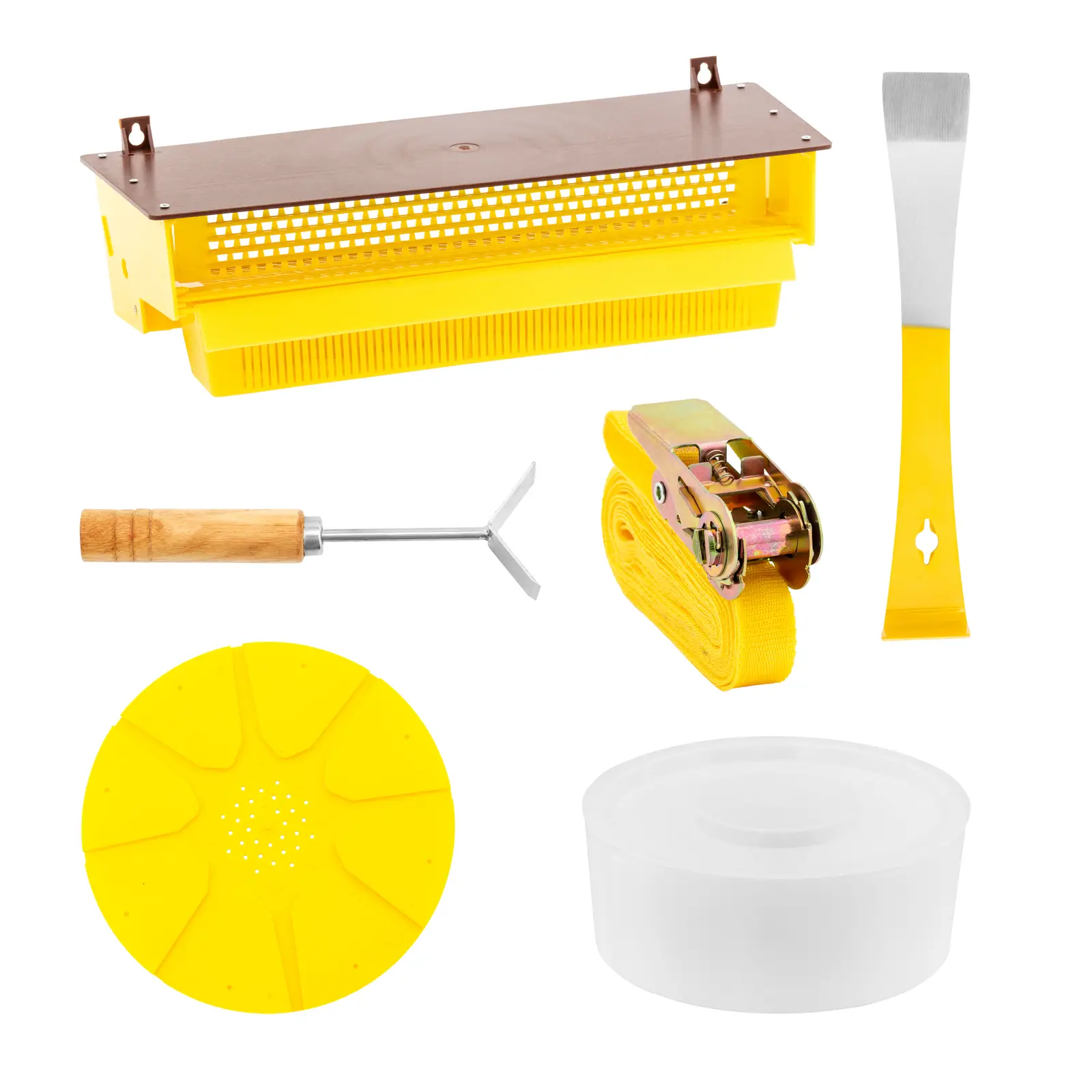 Kit de apicultura - 28 artigos - cinzel de apicultura - fita de atar - apanhador de pólen - isolador - armadilha para pequenos besouros da colmeia (Peso: 4.5 kg)