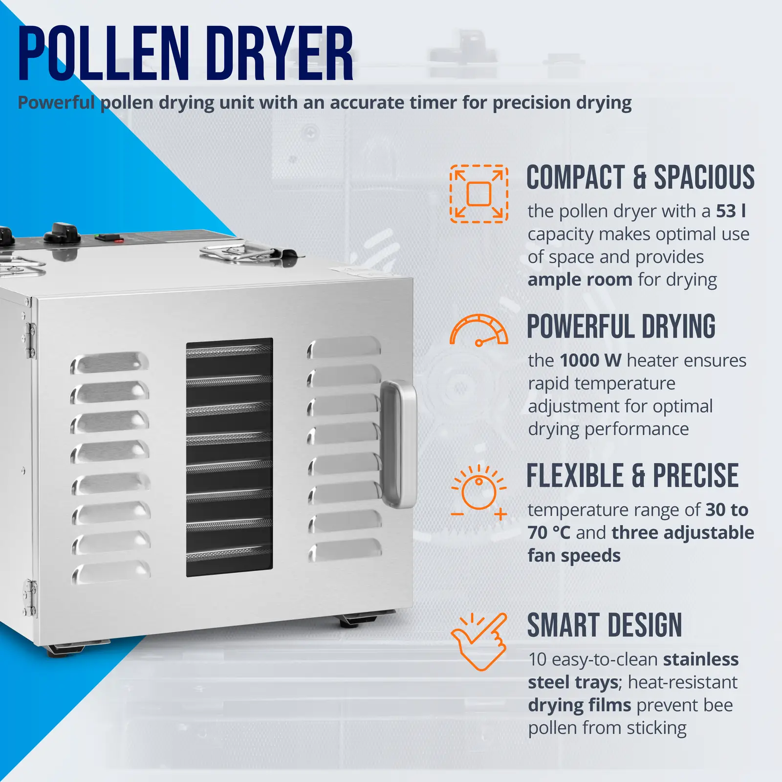 Pollen Dryer - 1000 W - 10 shelves - 30 to 70 °C - 53 l