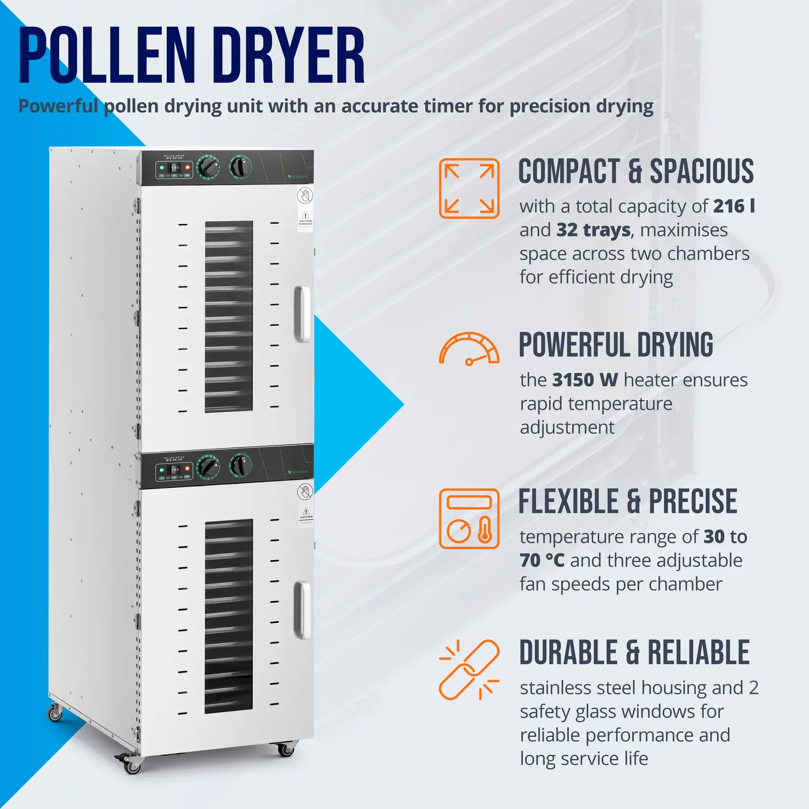 Pollen Dryer - 3150 W - 32 shelves - 30 to 70 °C - 216 l