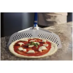 Coajă de pizza - 33 x 33} cm - perforat - mâner: 120 cm - aluminiu (anodizat)