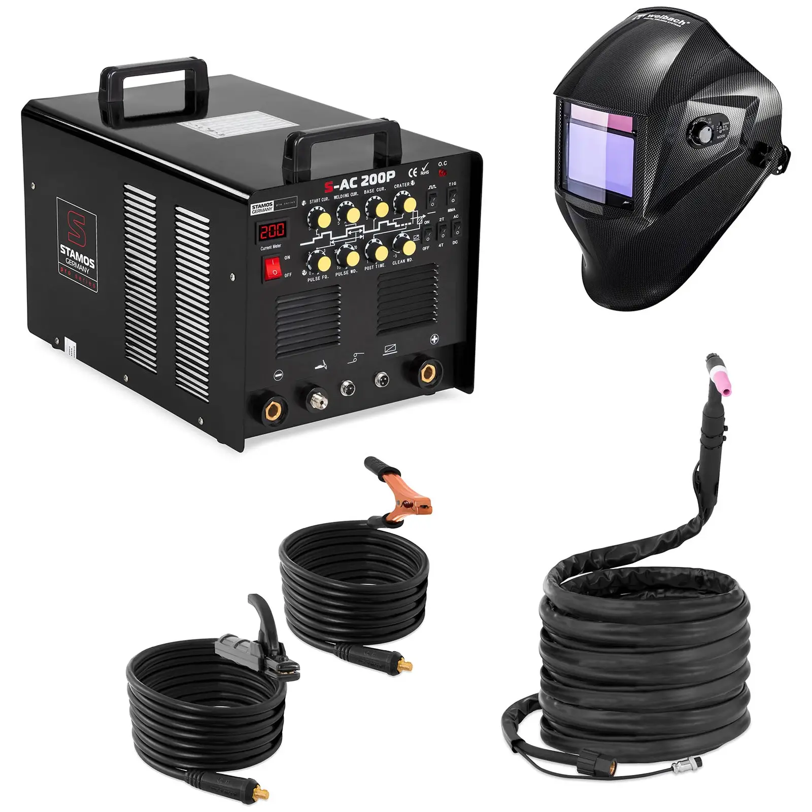 Set di saldatura Saldatrice alluminio- 200 A - 230 V - Pedale incl. + Casco da saldatore - Carbonic - PROFESSIONAL SERIES