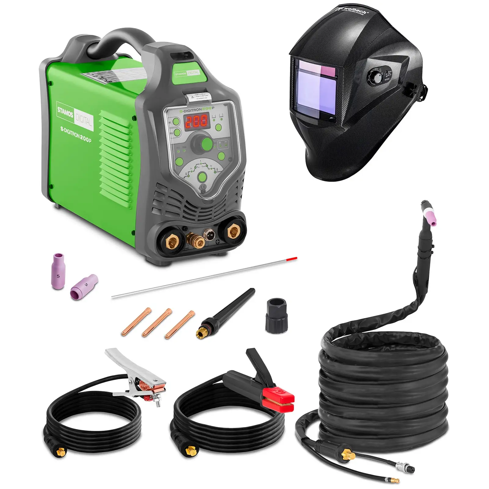 Welding Set TIG Welder - 200 A - 230 V - Pulse - digital - 2/4 Tact + Welding helmet – Carbonic - PROFESSIONAL SERIES