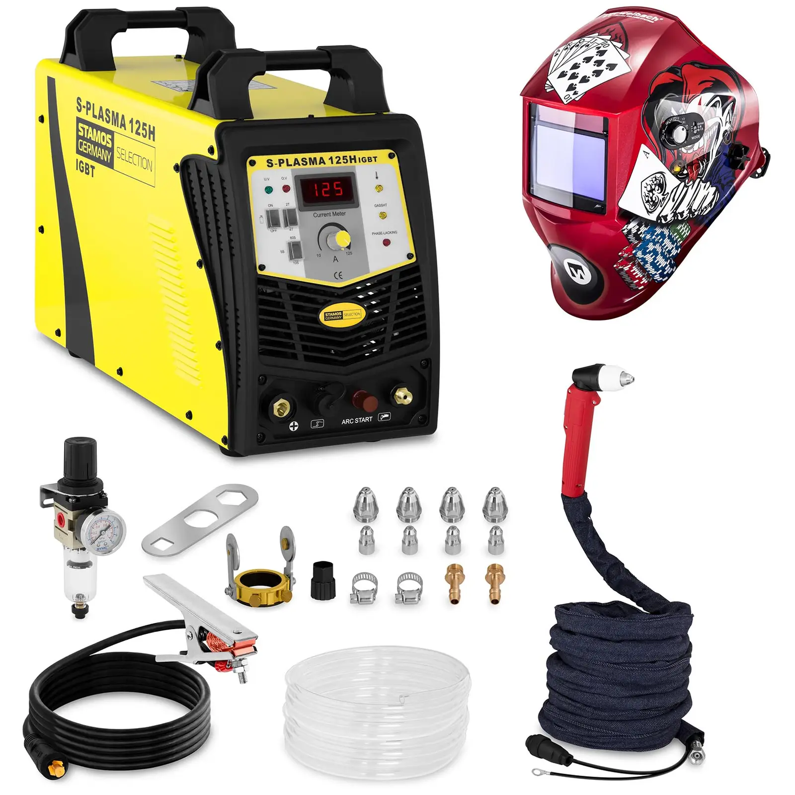 Welding Set Plasma Cutter - 125 A - 400 V - Pilot Ignition + Welding helmet –Pokerface - PROFESSIONAL SERIES