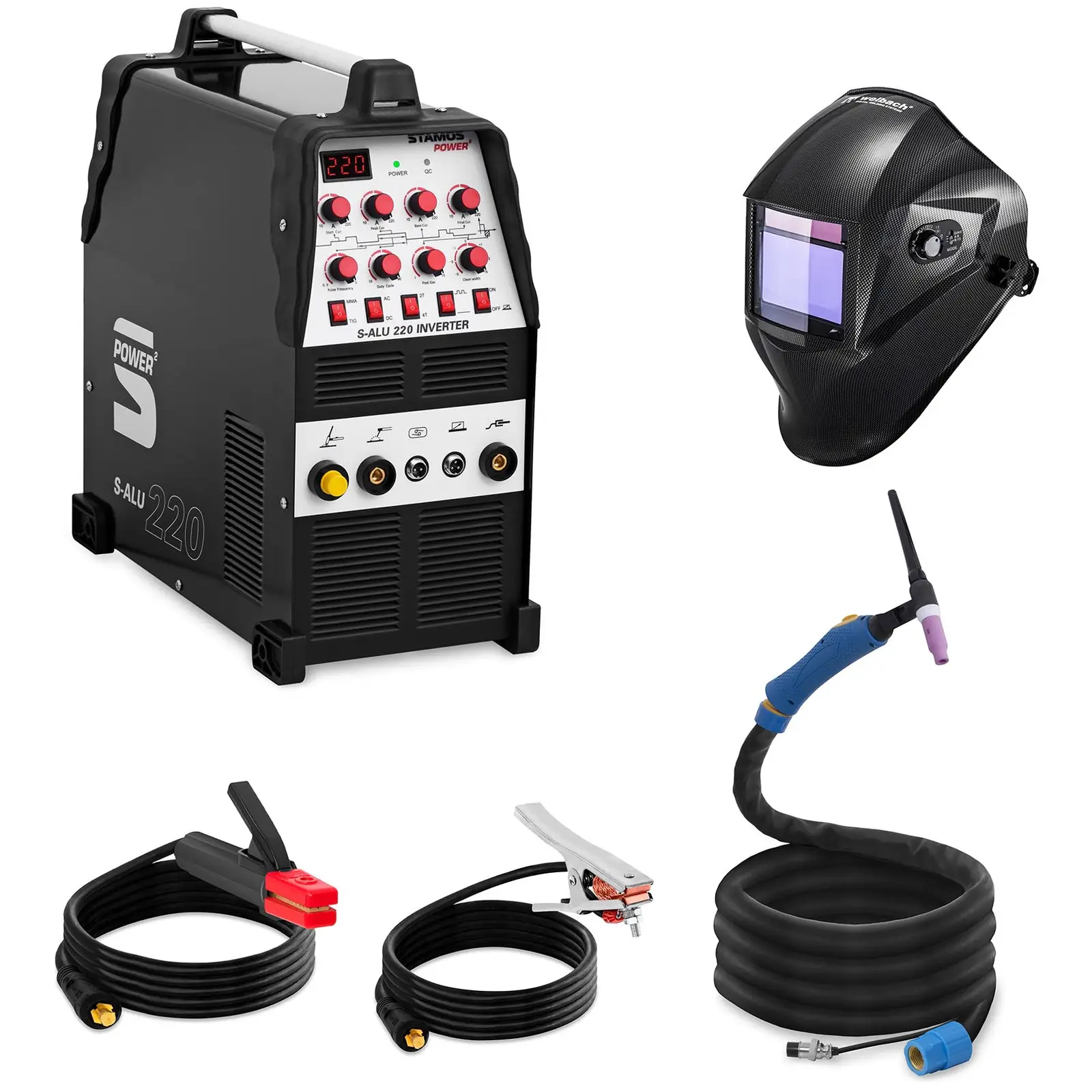 Welding Set Aluminium Welder - 200 A - 230 V - Pulse - 2/4 Tact + Welding helmet – Carbonic - PROFESSIONAL SERIES