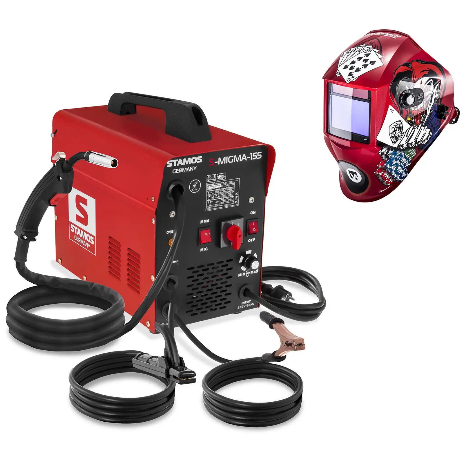 Welding Set Combined Welder - 155 A - 230 V - with cart + Welding helmet –Pokerface - PROFESSIONAL SERIES