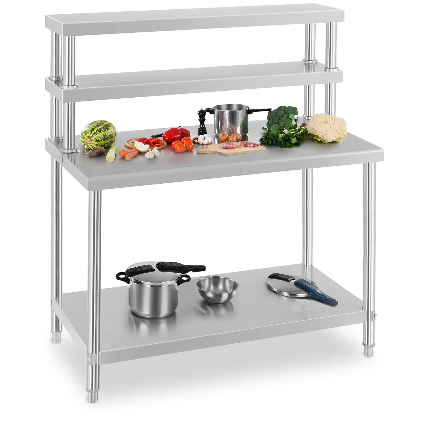 SET tavolo inox con sovrastruttura di appoggio- 120 x 70 cm