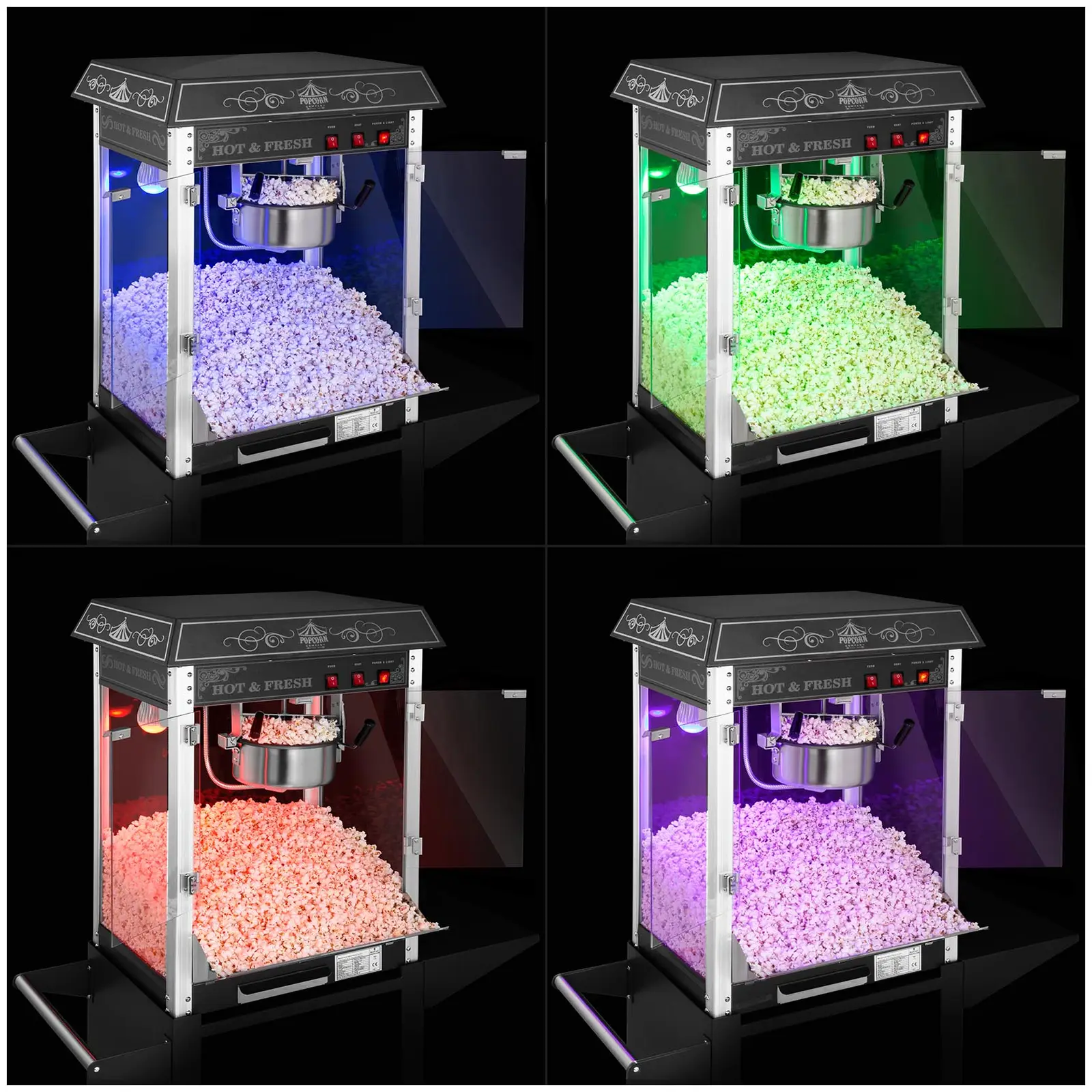 Popcornmaskine med vogn og LED-belysning - retrodesign - sort