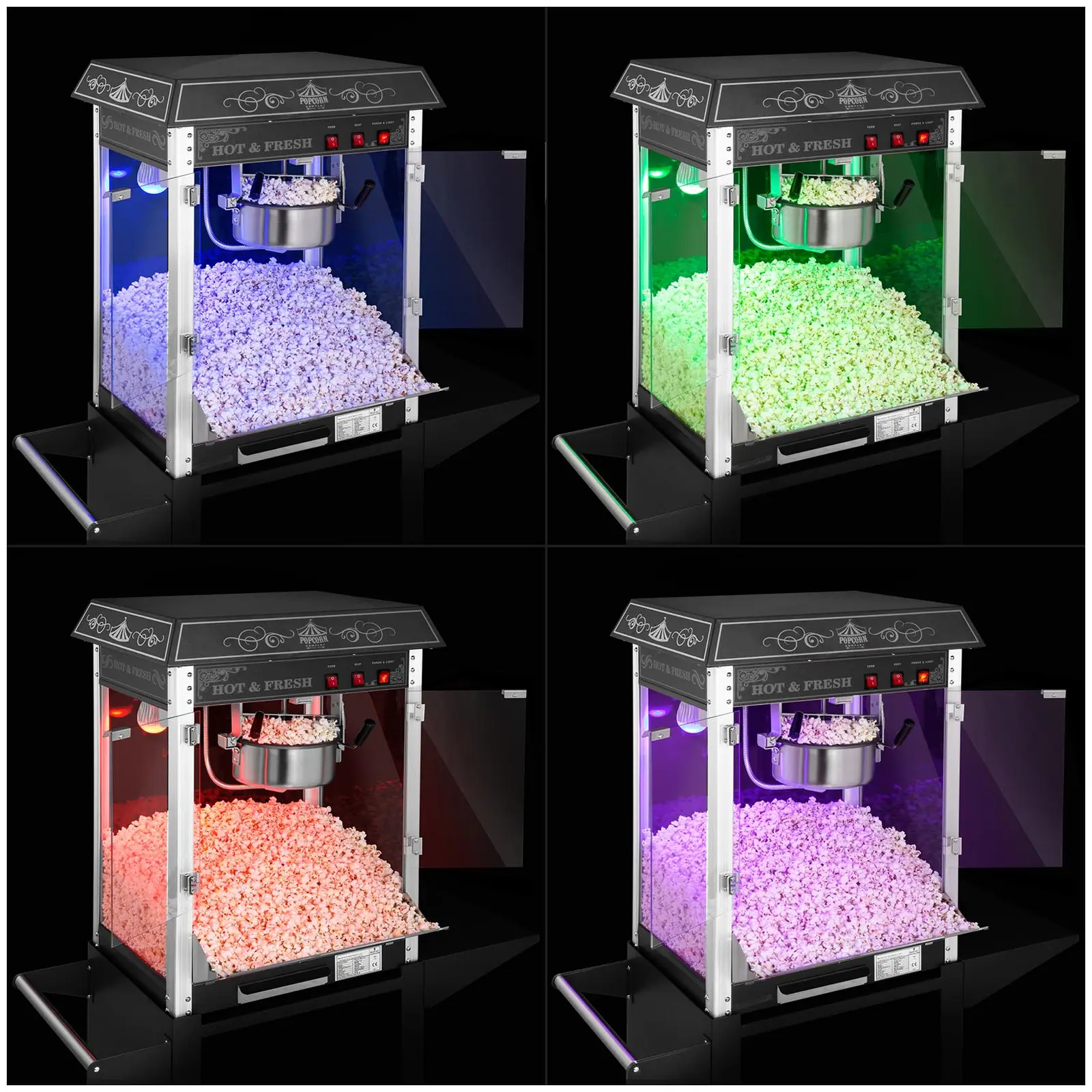 Popcorn machine with cart and LED RGB-Lighting - Retro Design - black