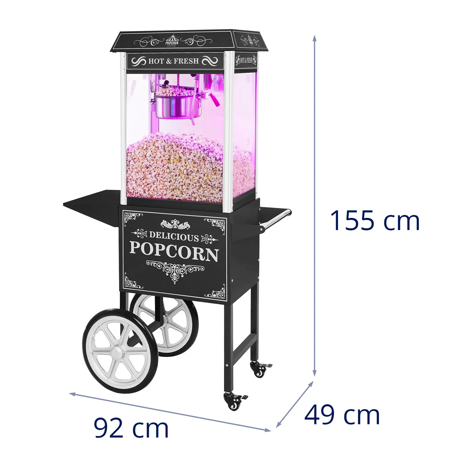 Popcorn machine with cart and LED RGB-Lighting - Retro Design - black