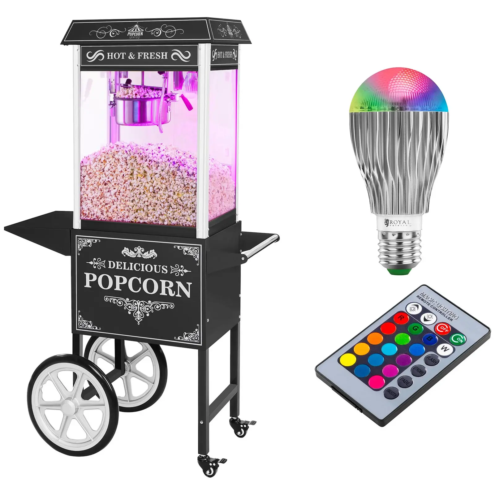 Popcornmaskine med vogn og LED-belysning - retrodesign - sort