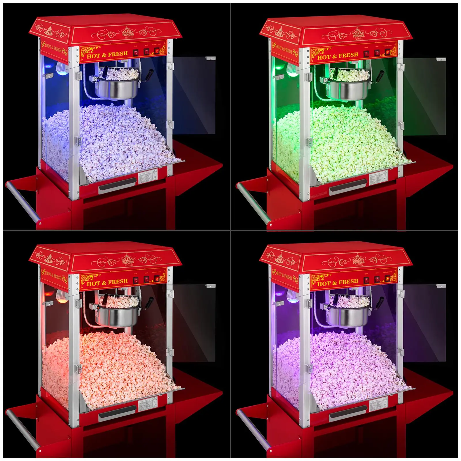 Set macchina per pop corn con carrello e lampadina LED - Design rétro - Rosso