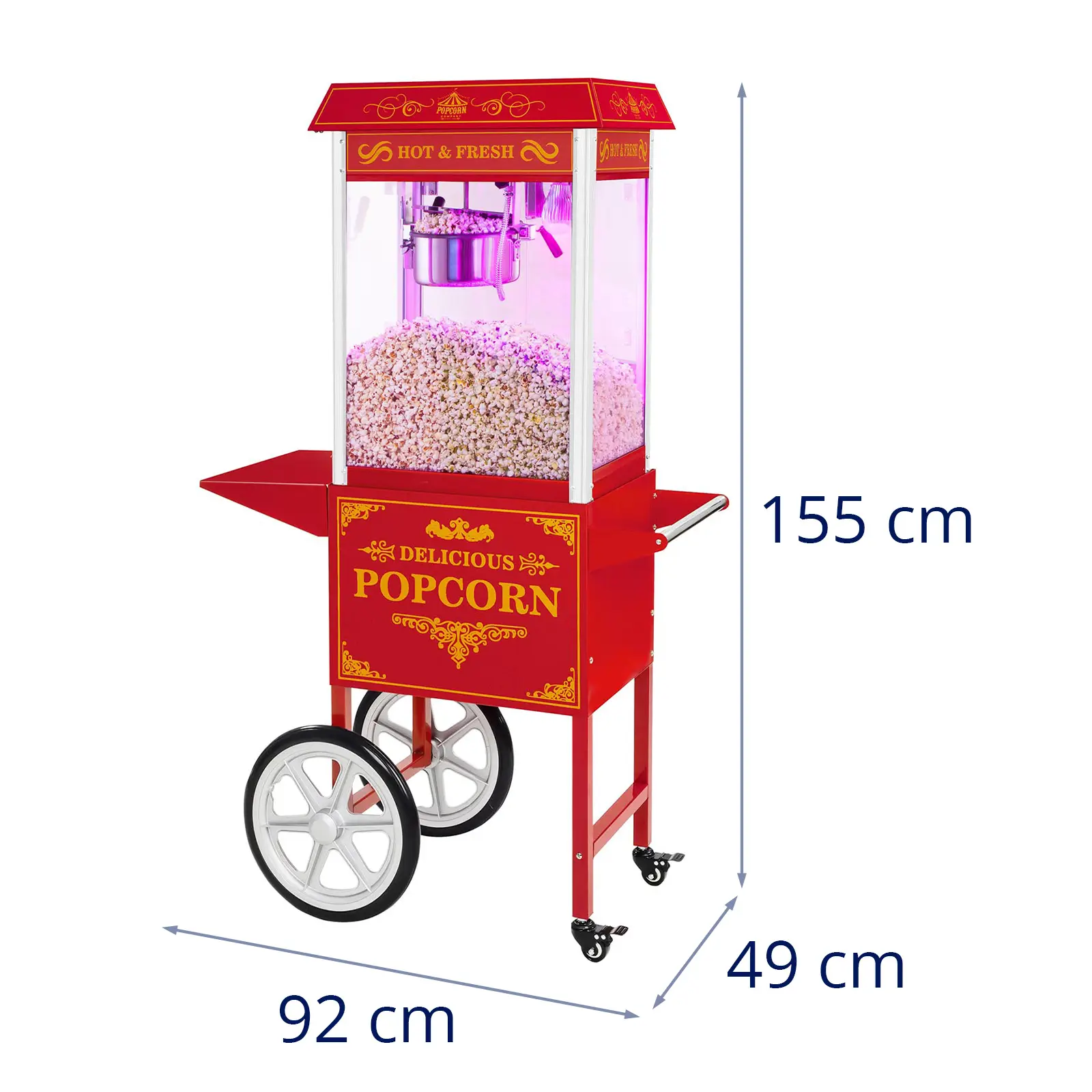 Popcorn machine with cart and LED RGB-Lighting - Retro Design - red